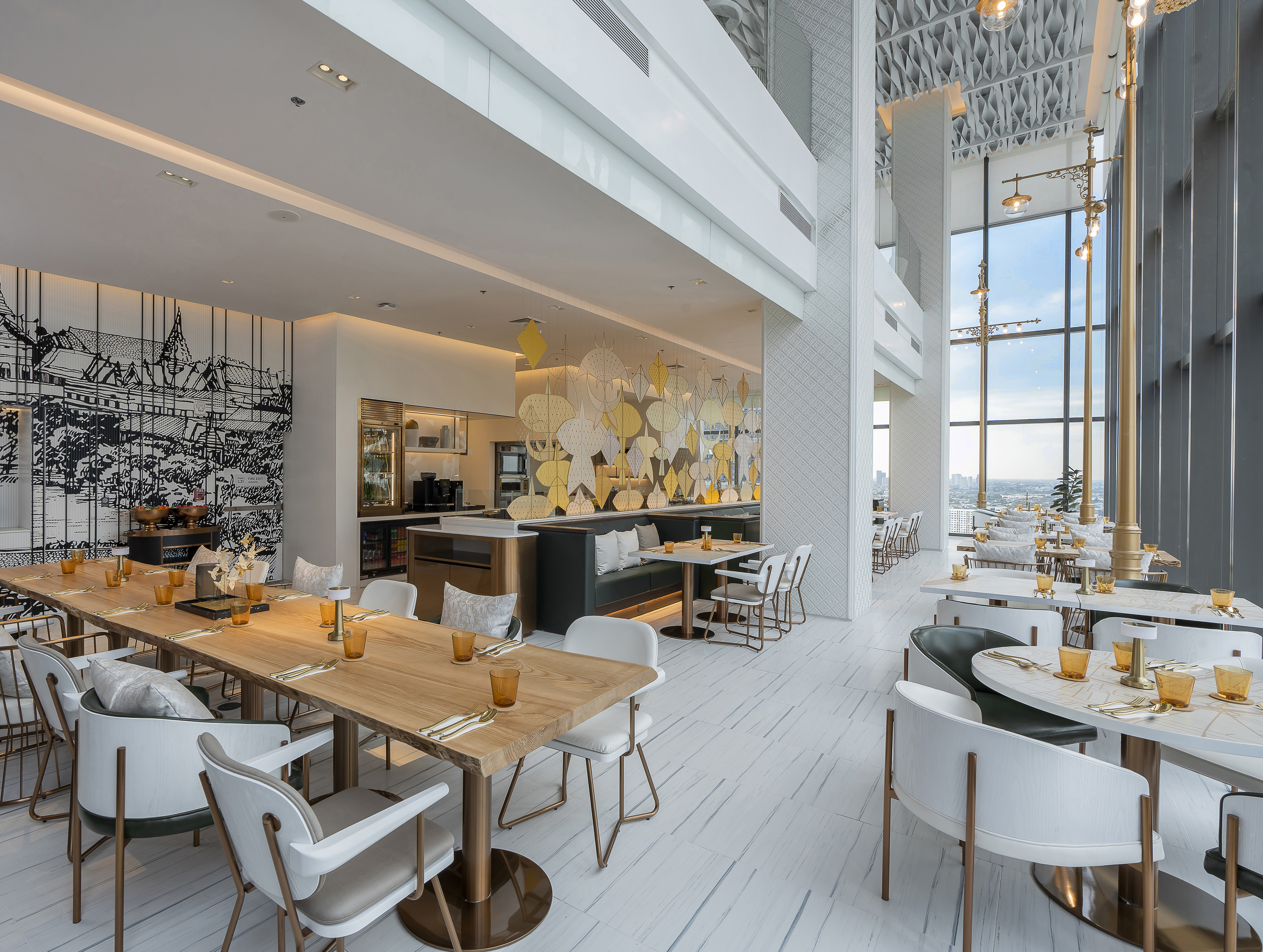 Modern elegant restaurant interior, high ceilings, large windows, city view.