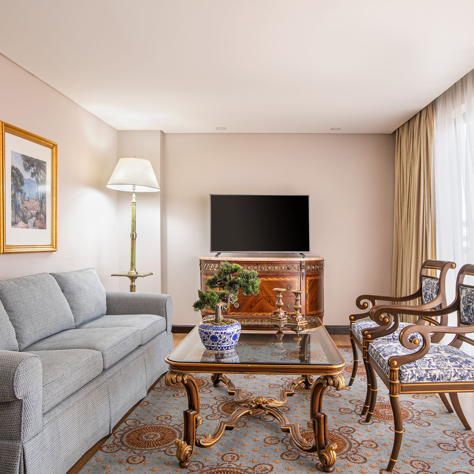 a living room with a couch and a table