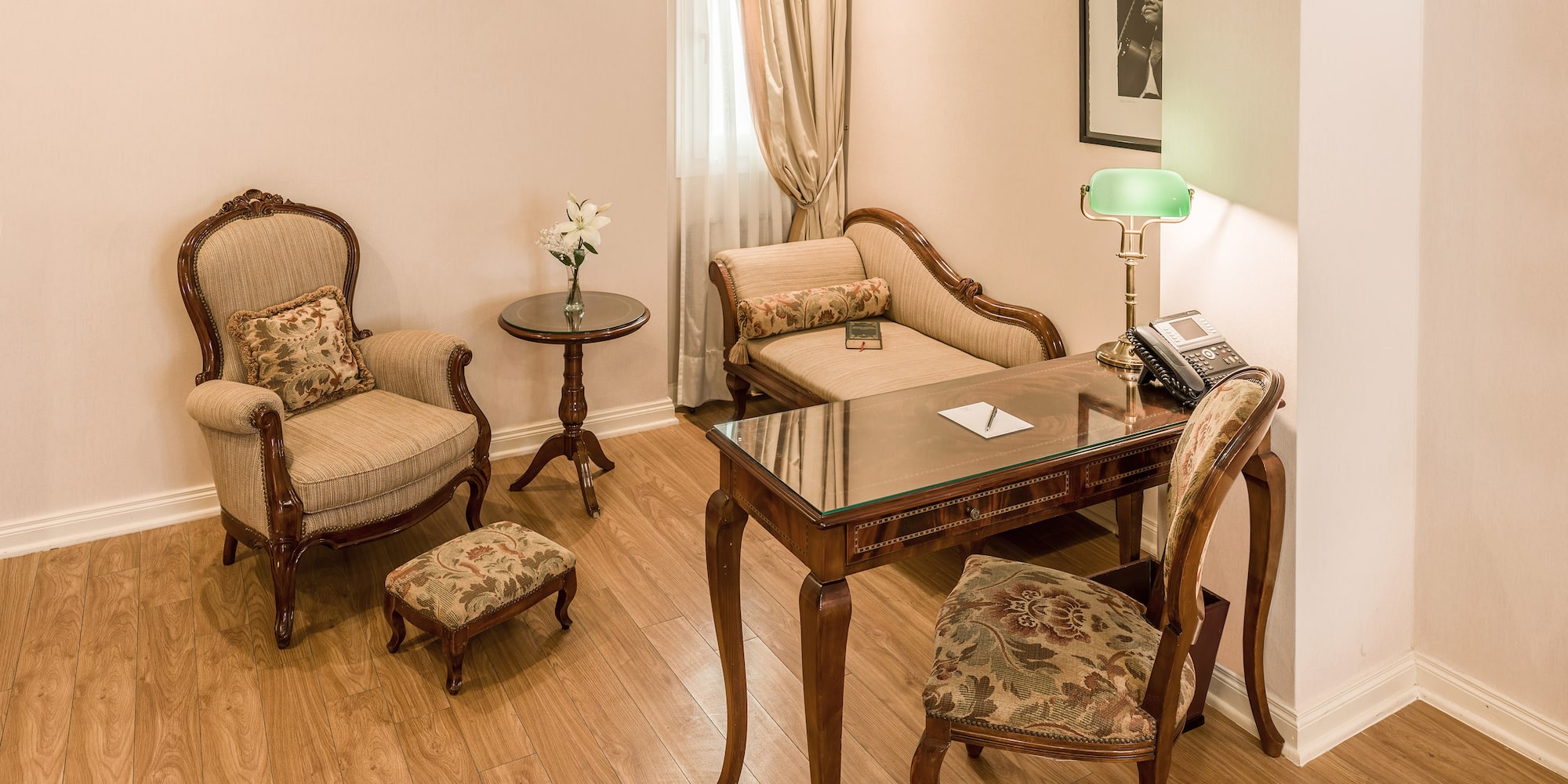 a room with a table and chairs