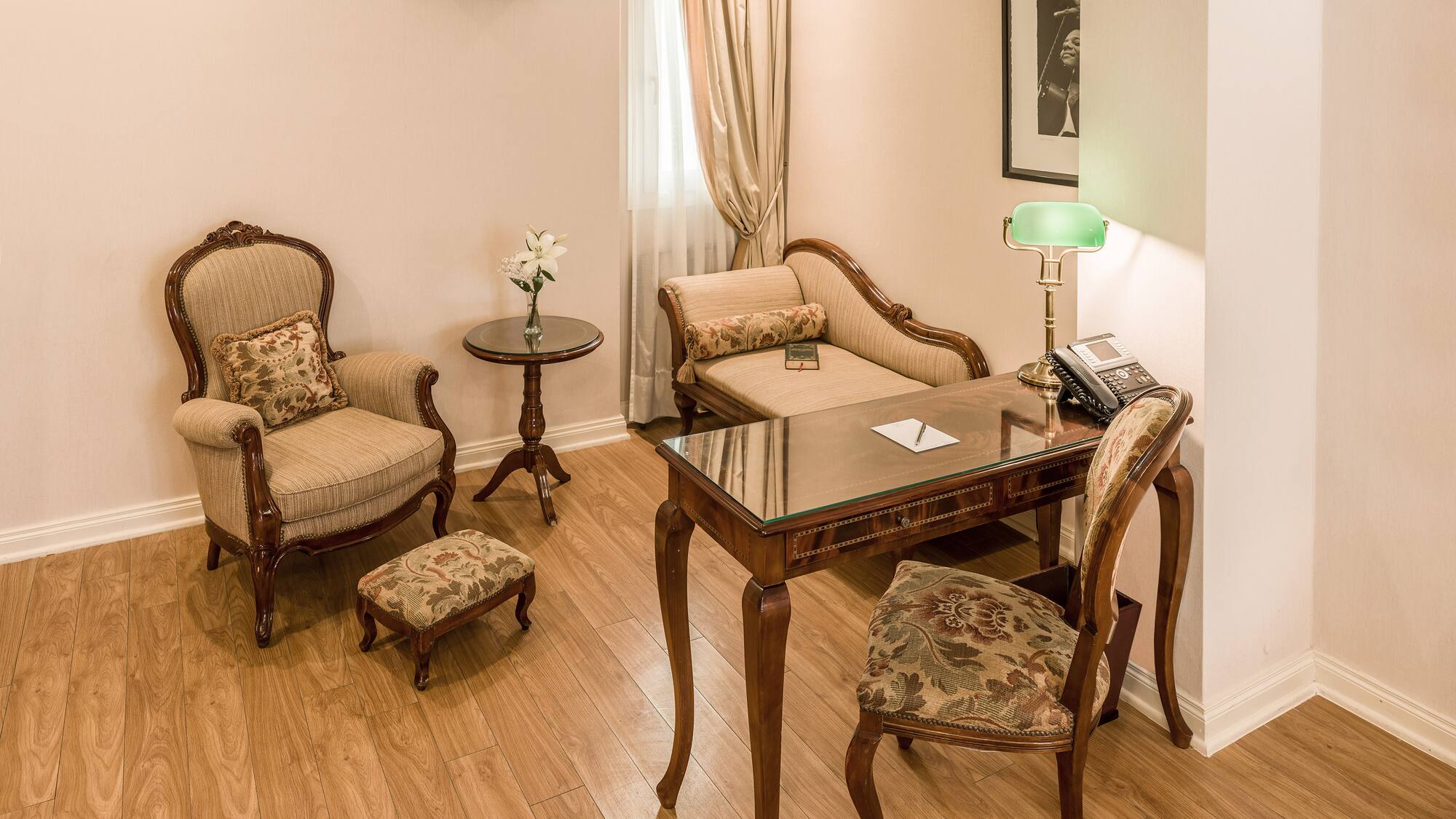 a room with a table and chairs