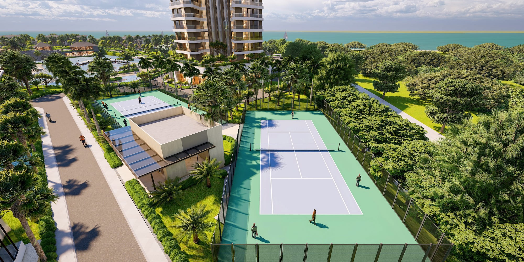 a tennis court with trees and buildings in the background