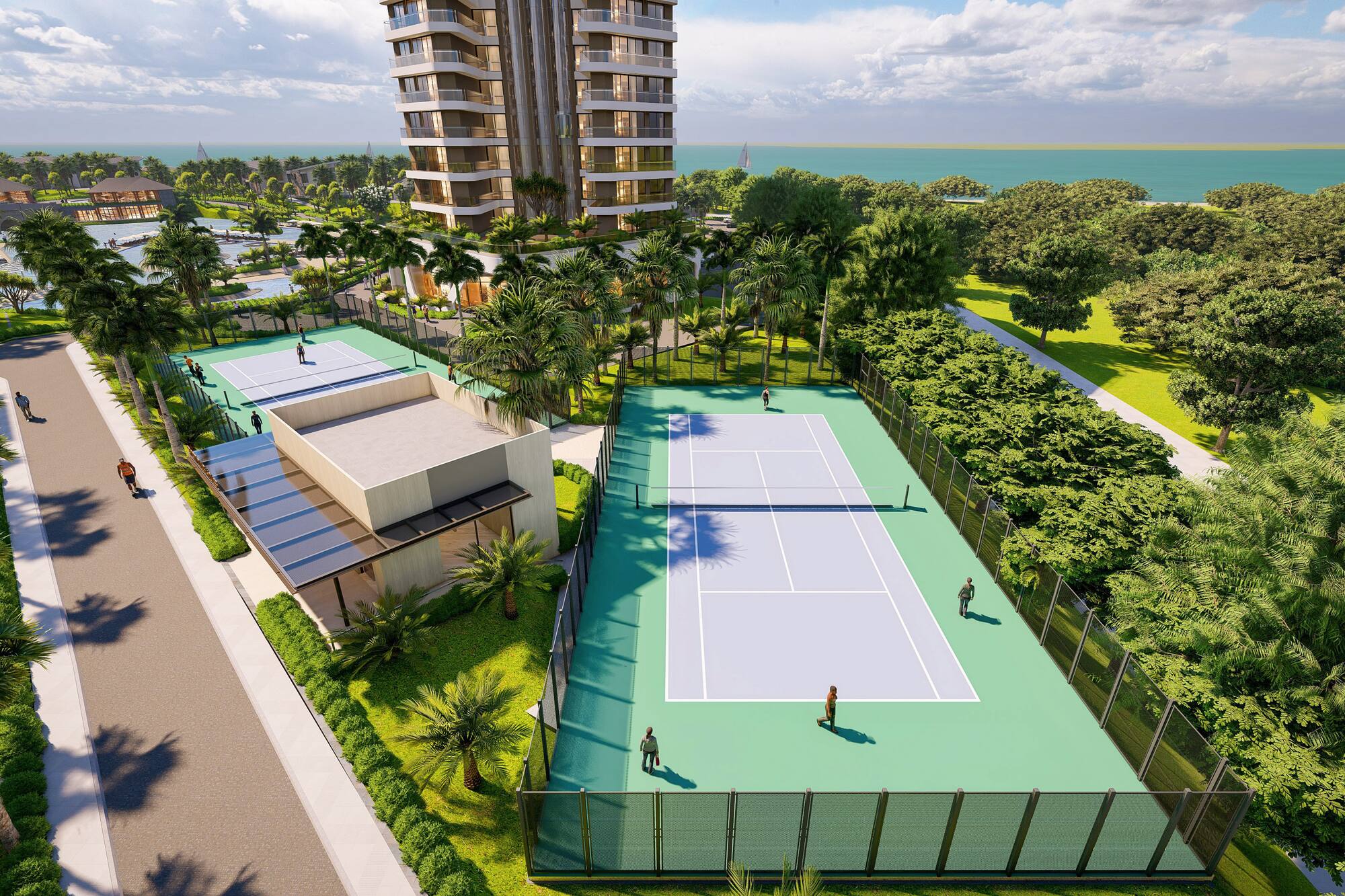 a tennis court with trees and buildings in the background