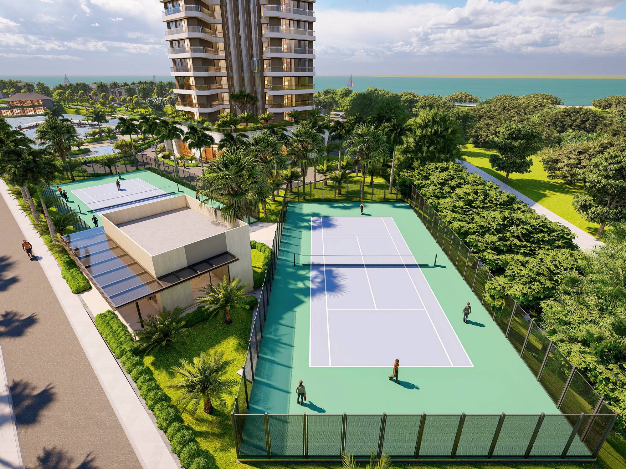 a tennis court with trees and buildings in the background