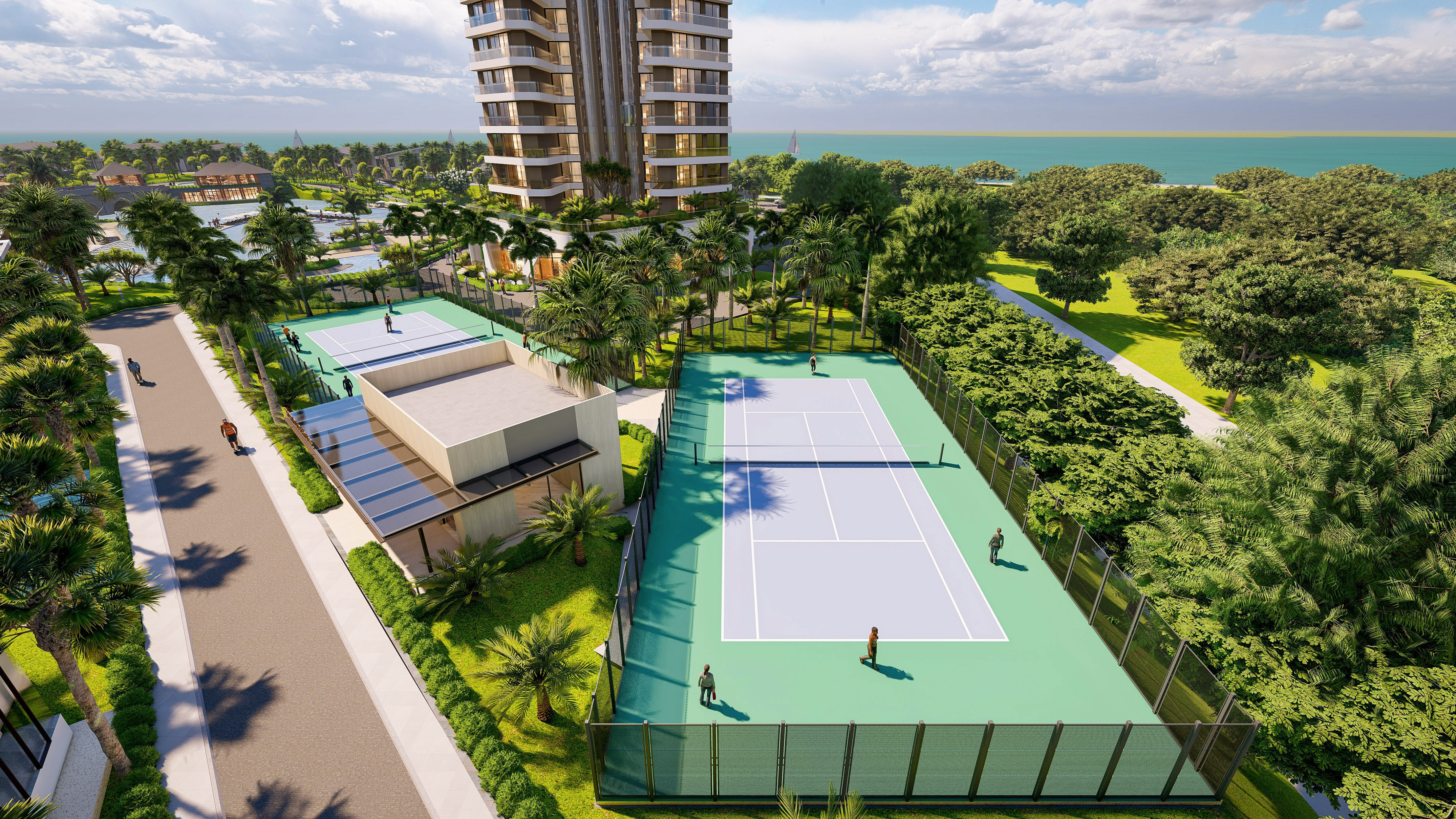 Luxury resort: two tennis courts, high-rise, palm trees, ocean vista.