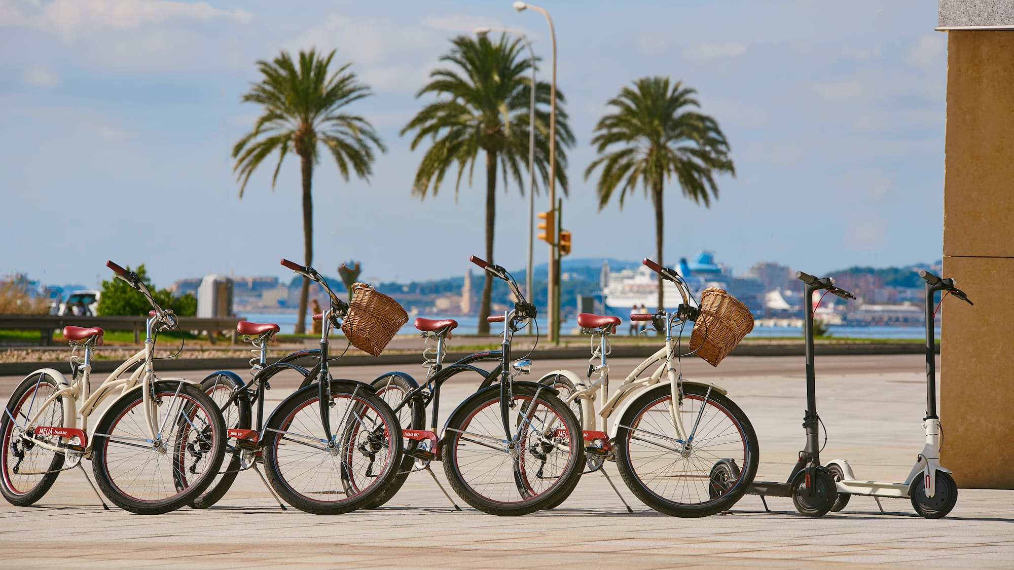 a group of bicycles parked in a row