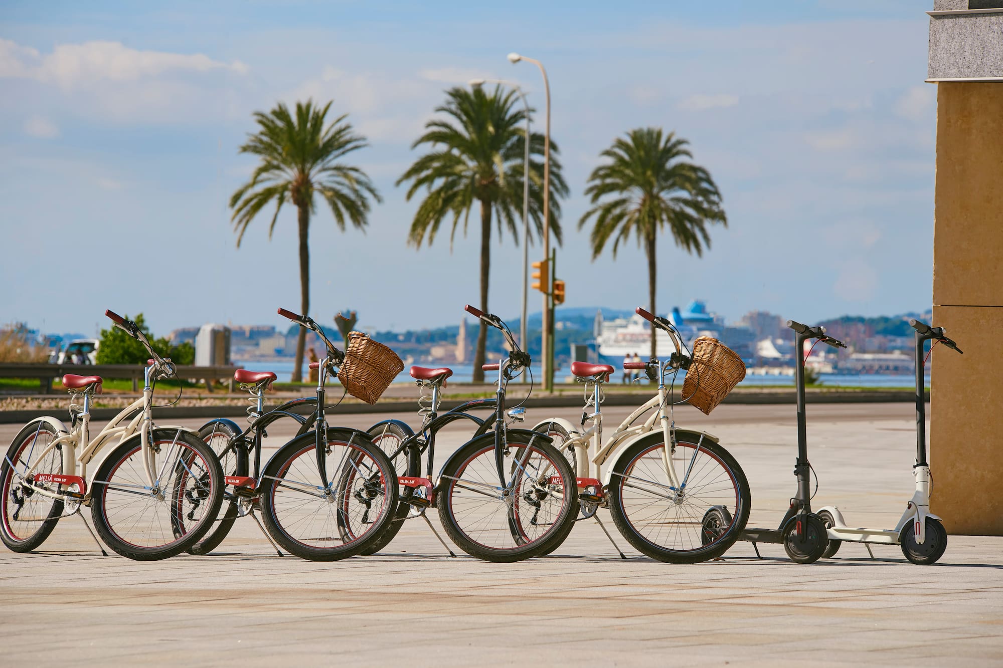 a group of bicycles parked in a row