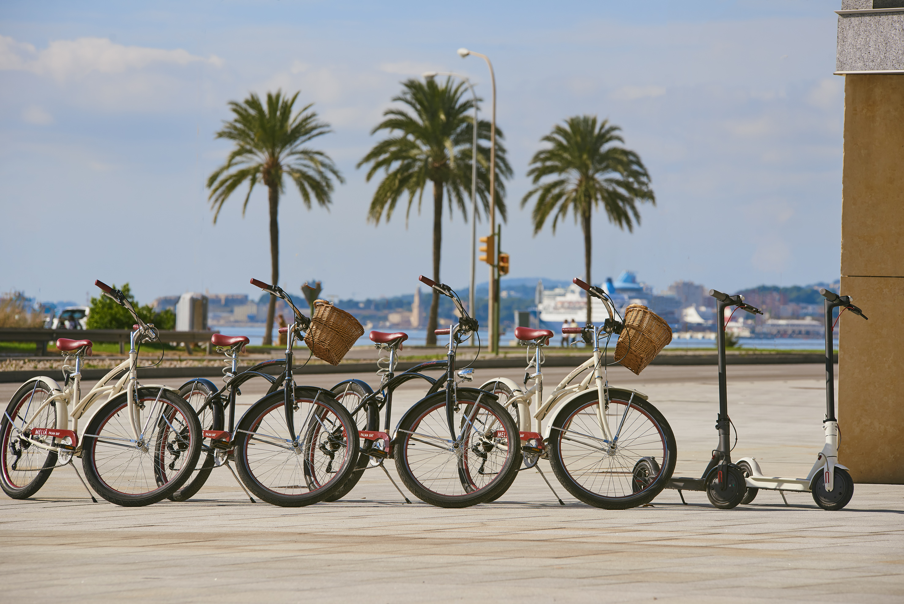Meliá Palma Bay rental bikes and electric scooters by palm trees and city bay.