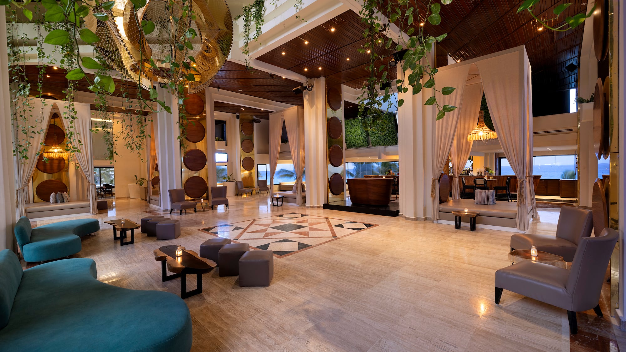 a large room with a large ceiling and a large chandelier