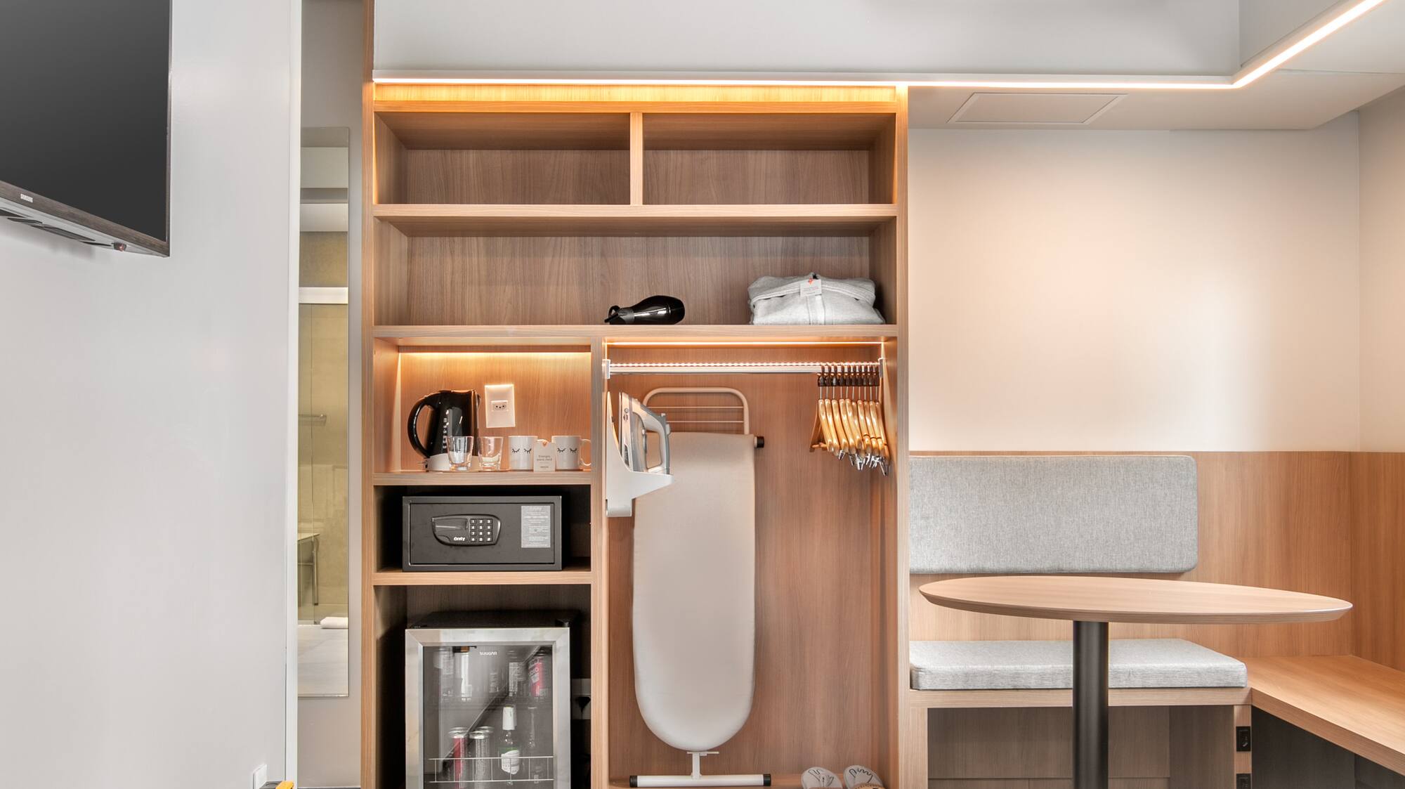 a room with a bed and a table