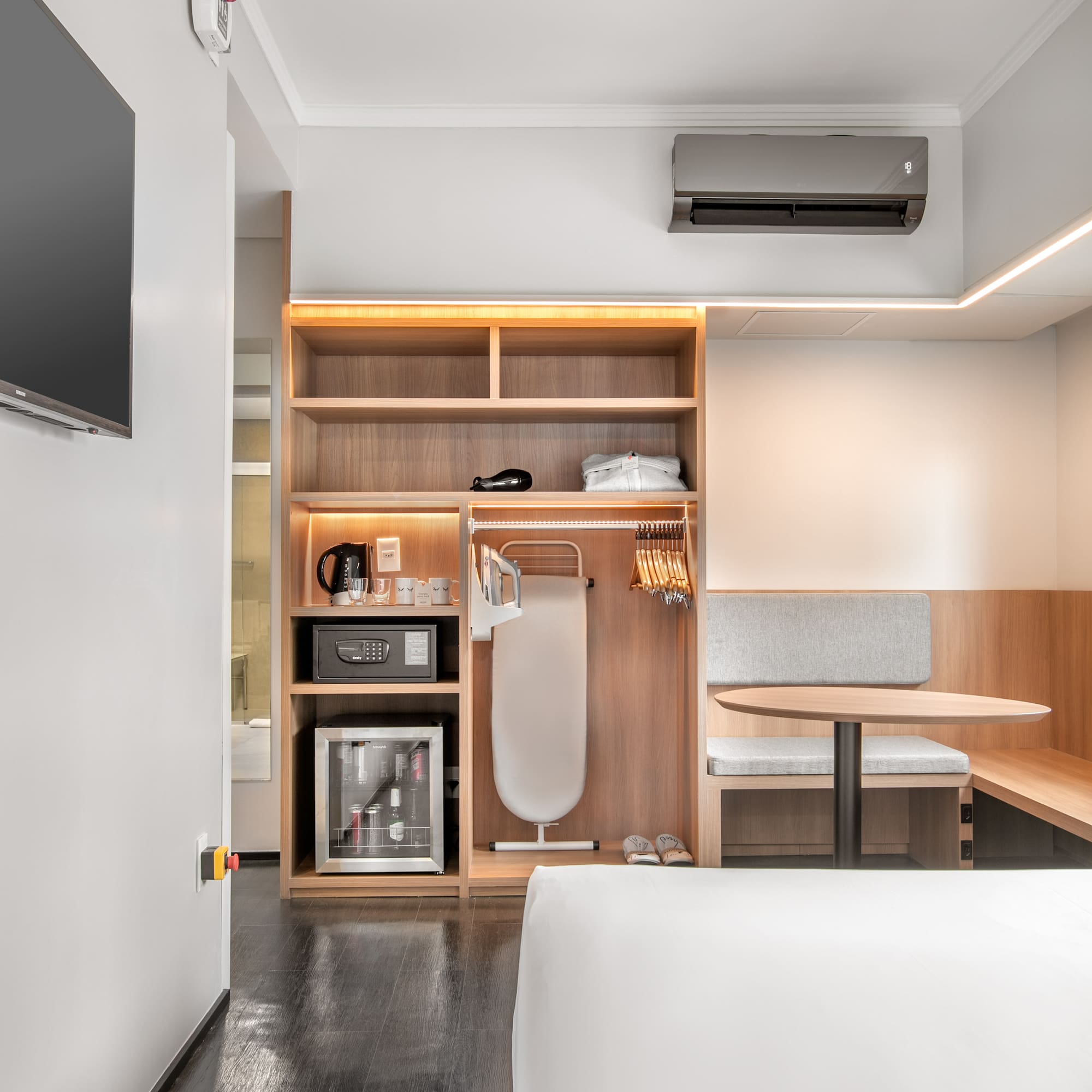 a room with a bed and a table