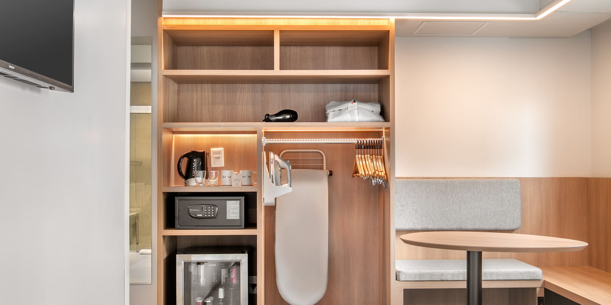 a room with a bed and a table