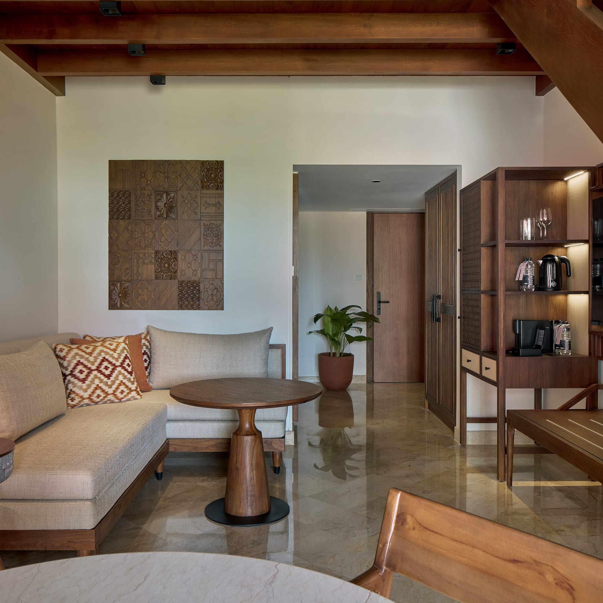 a living room with a couch and a table