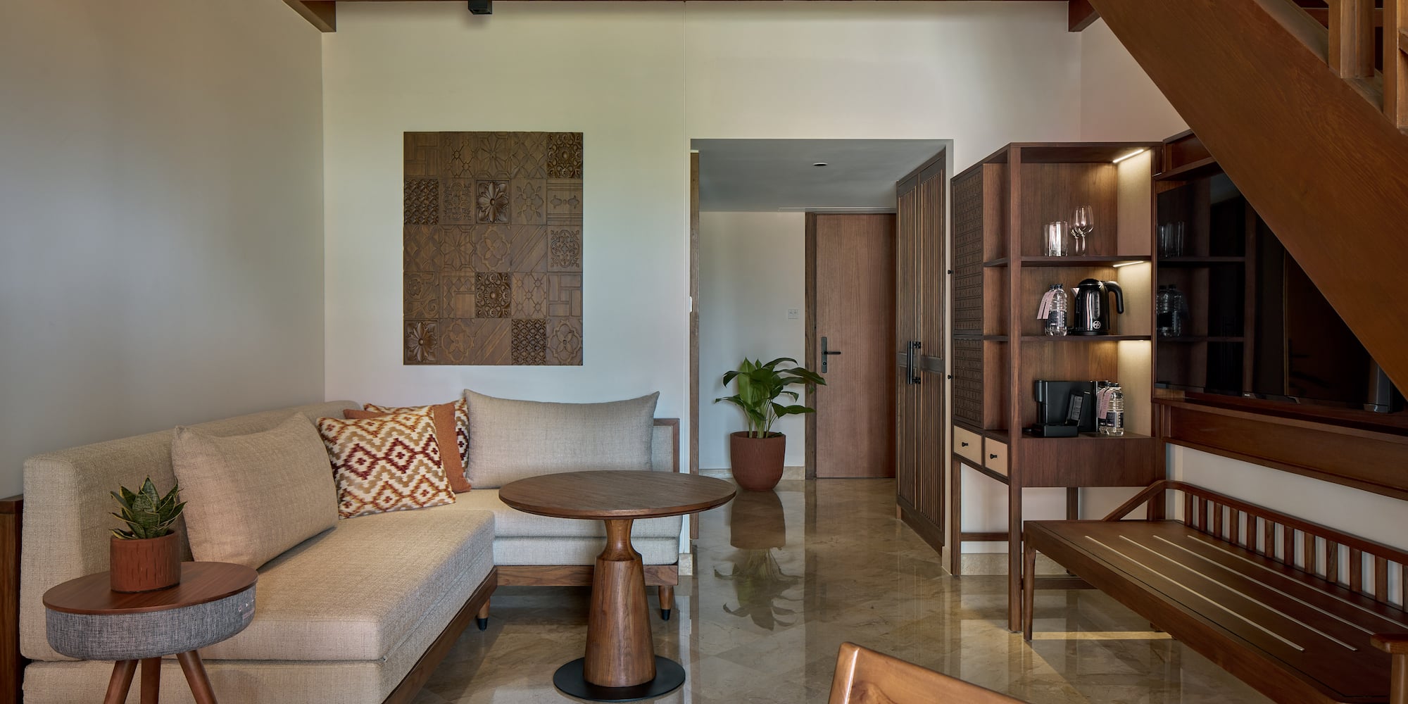 a living room with a couch and a table