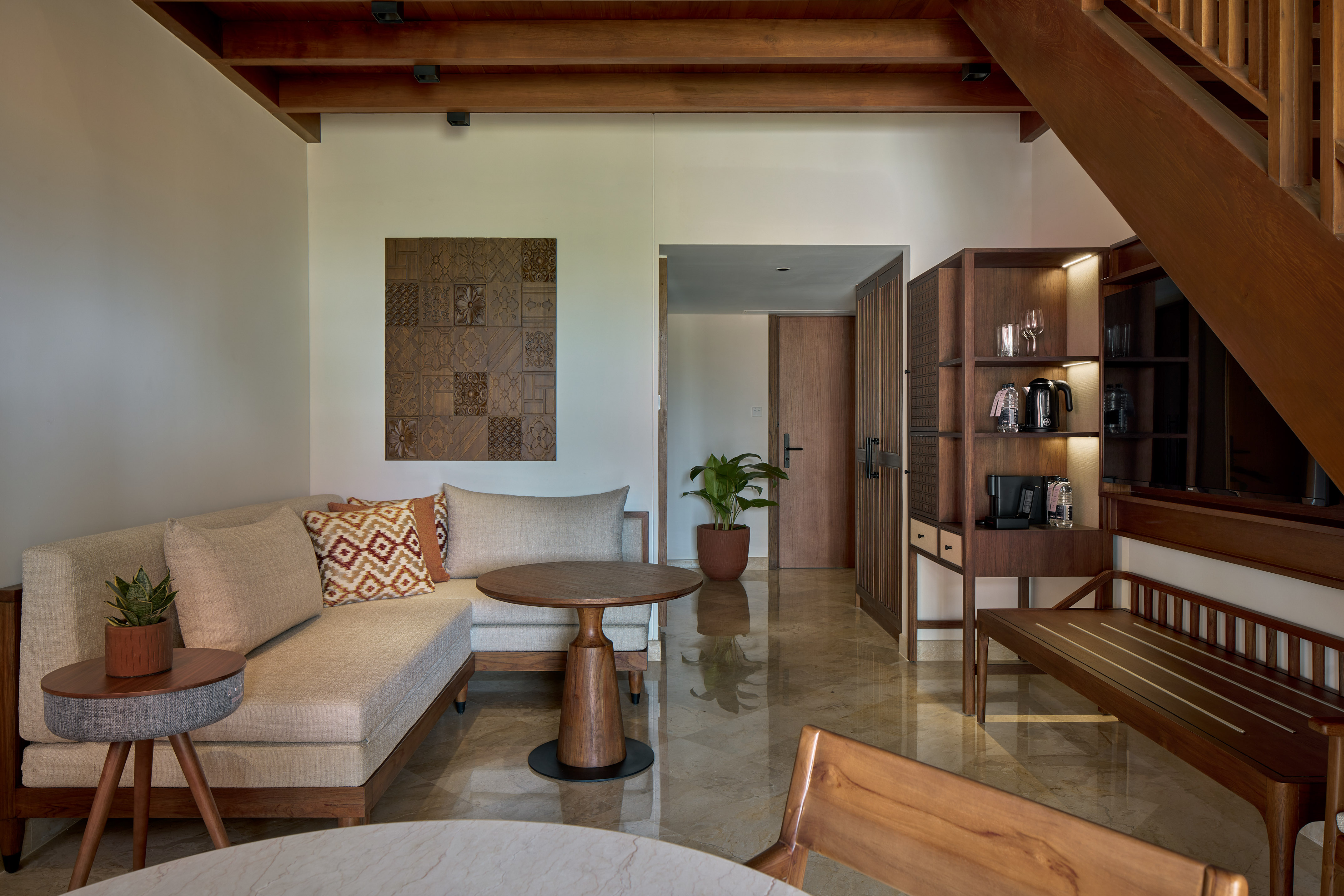 a living room with a couch and a table