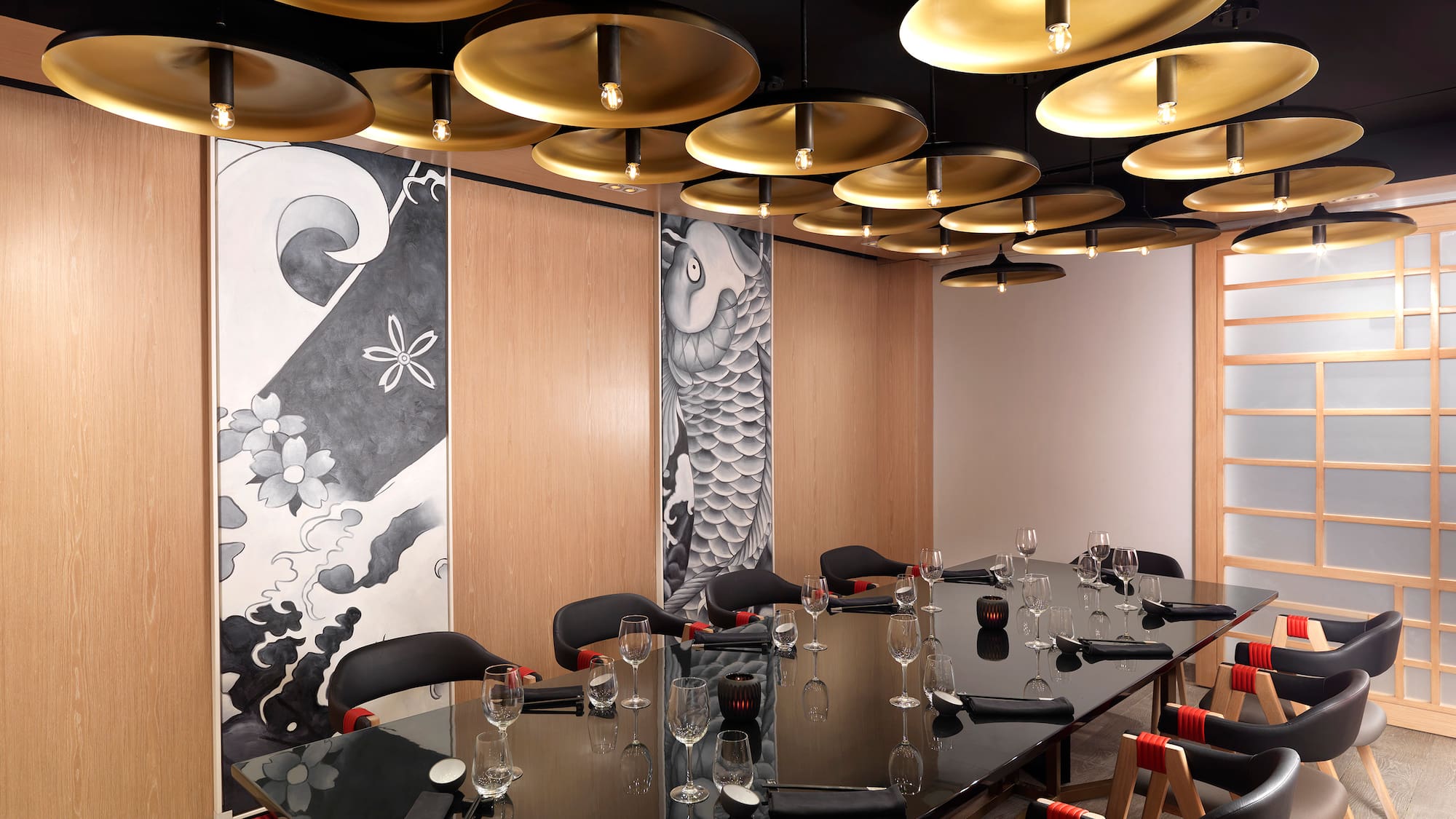 a room with a table and chairs