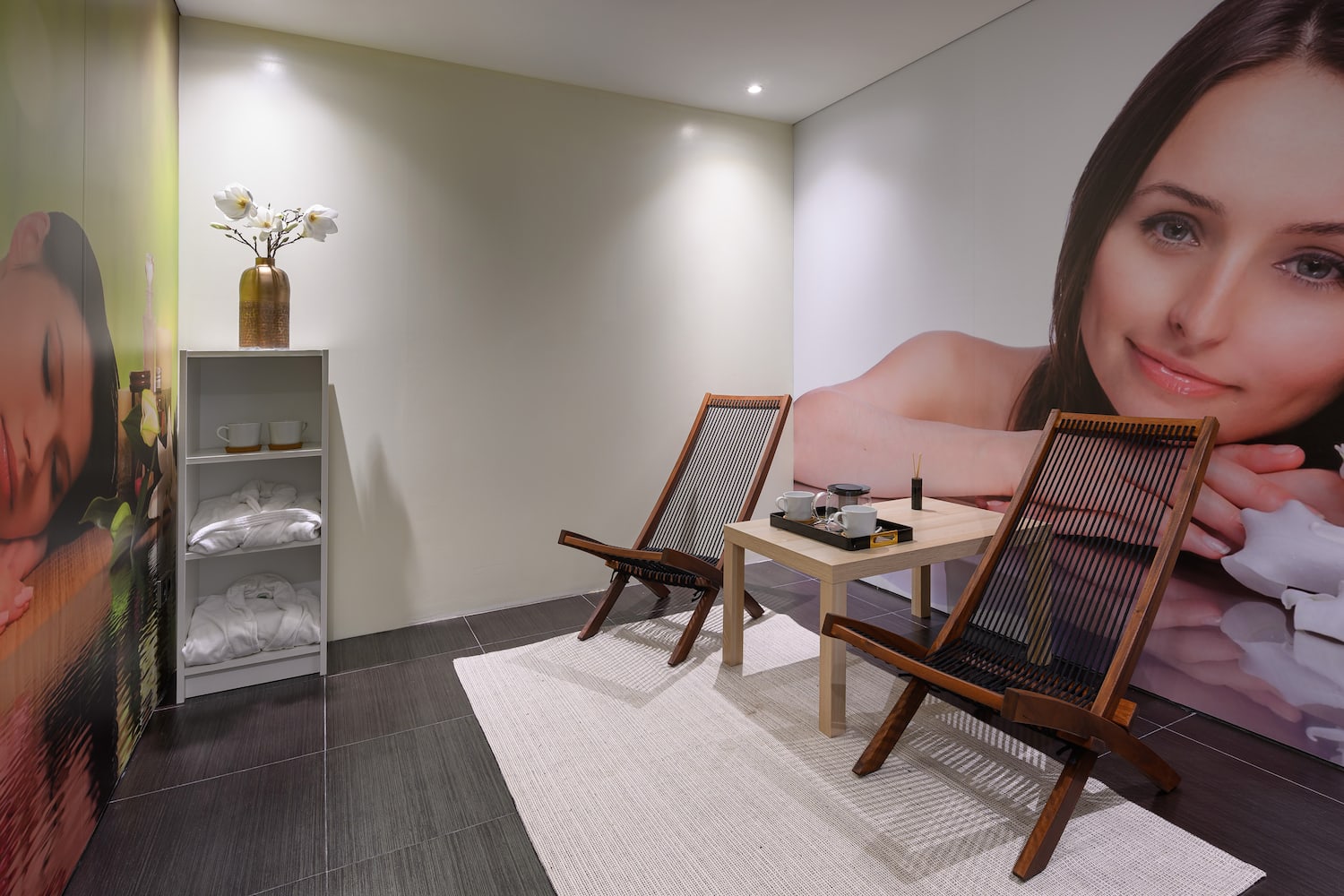 a room with a table and chairs