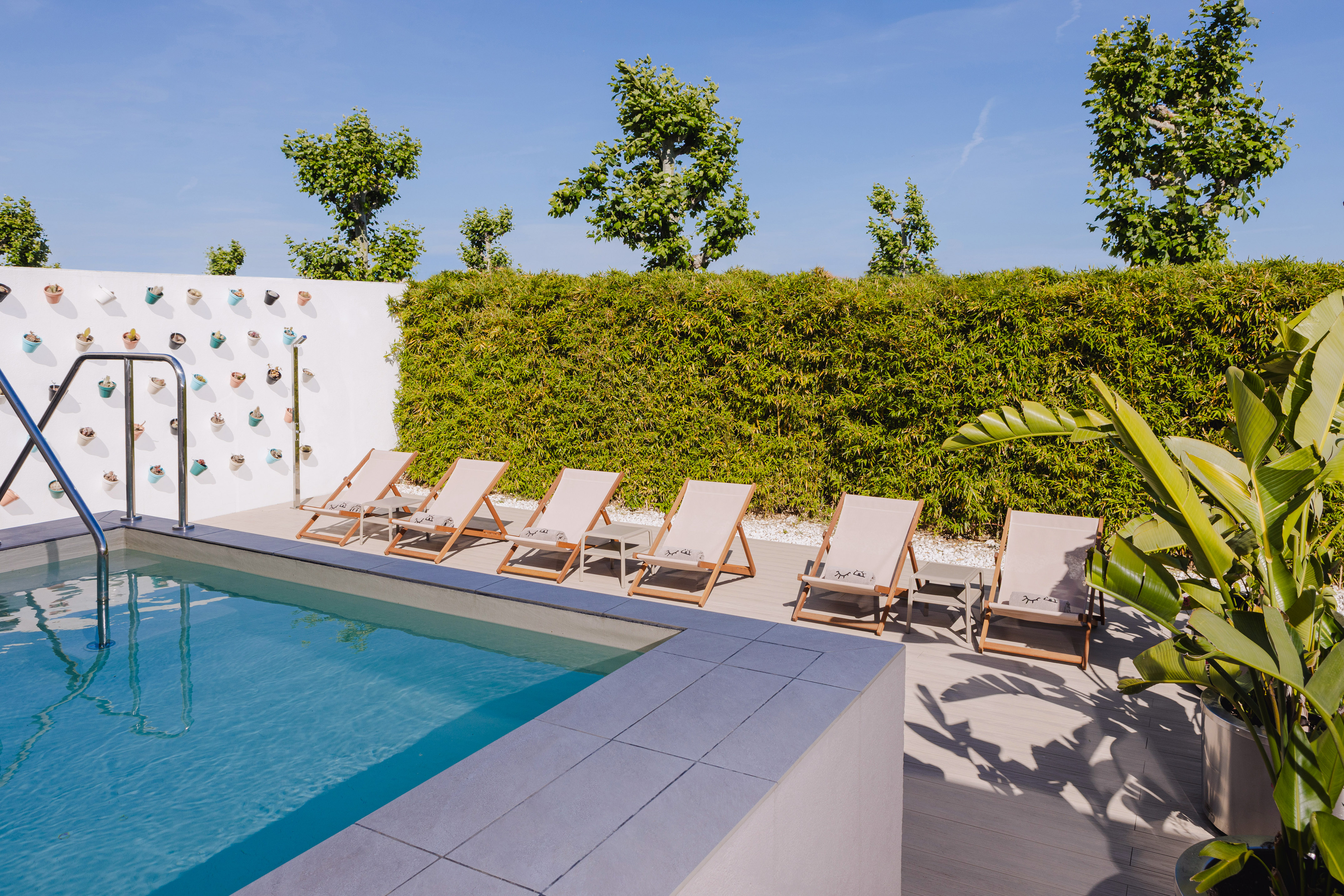 a pool with lounge chairs and a wall with a hedge and a blue sky