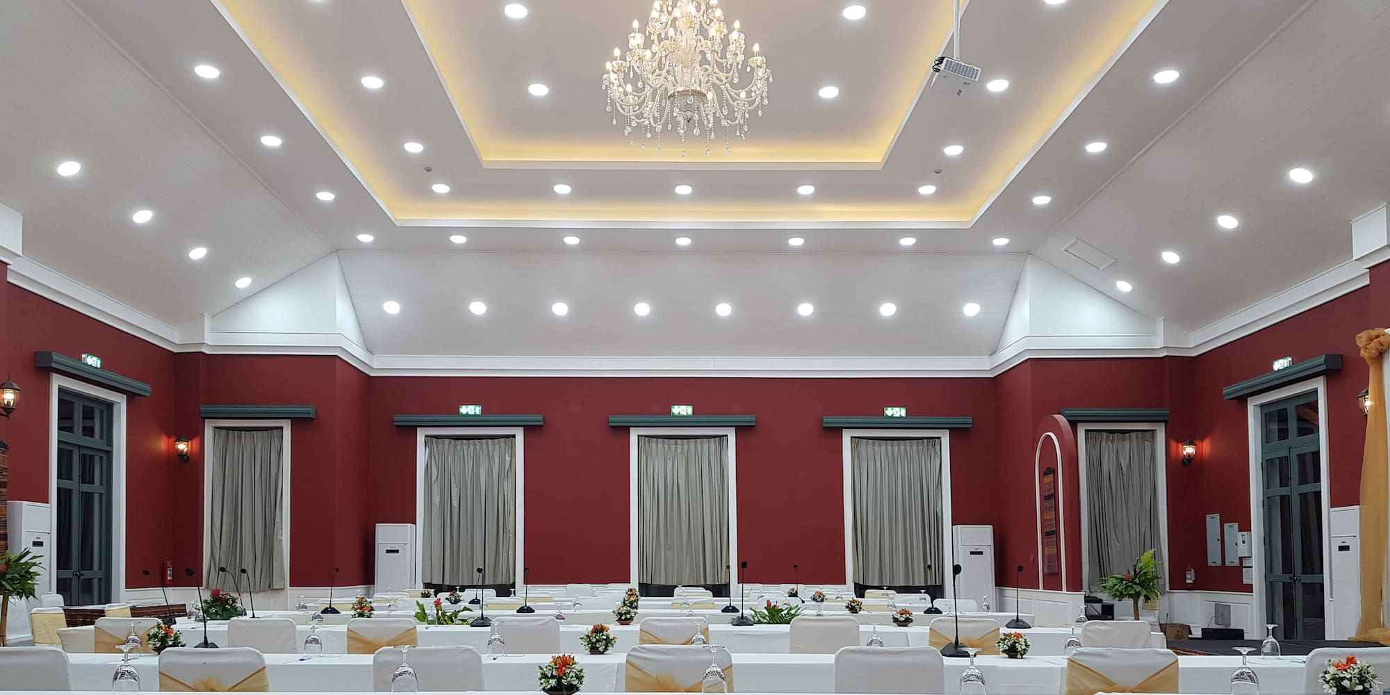 a room with tables and chairs