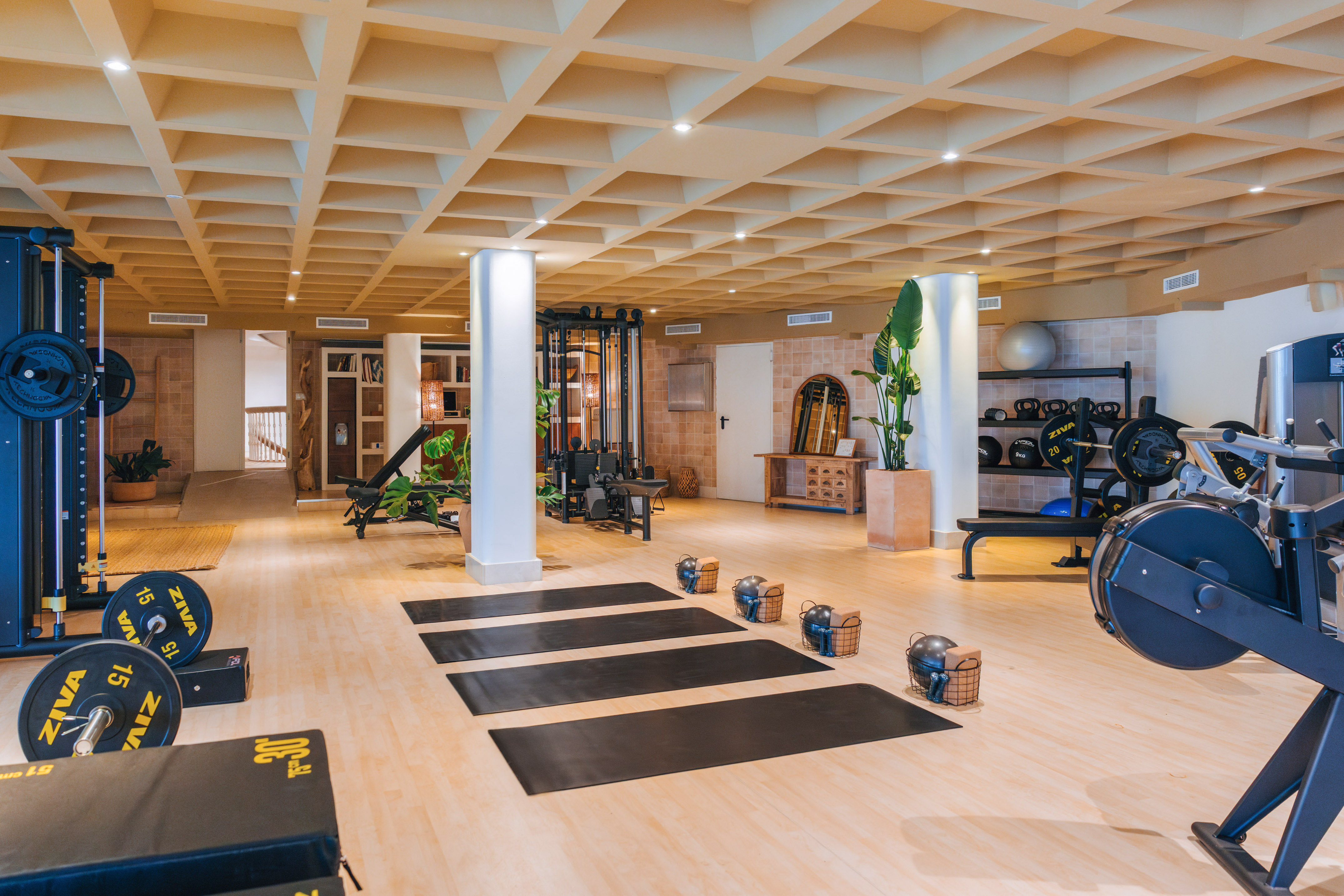 Spacious modern gym with fitness equipment, free weights, and yoga mats.
