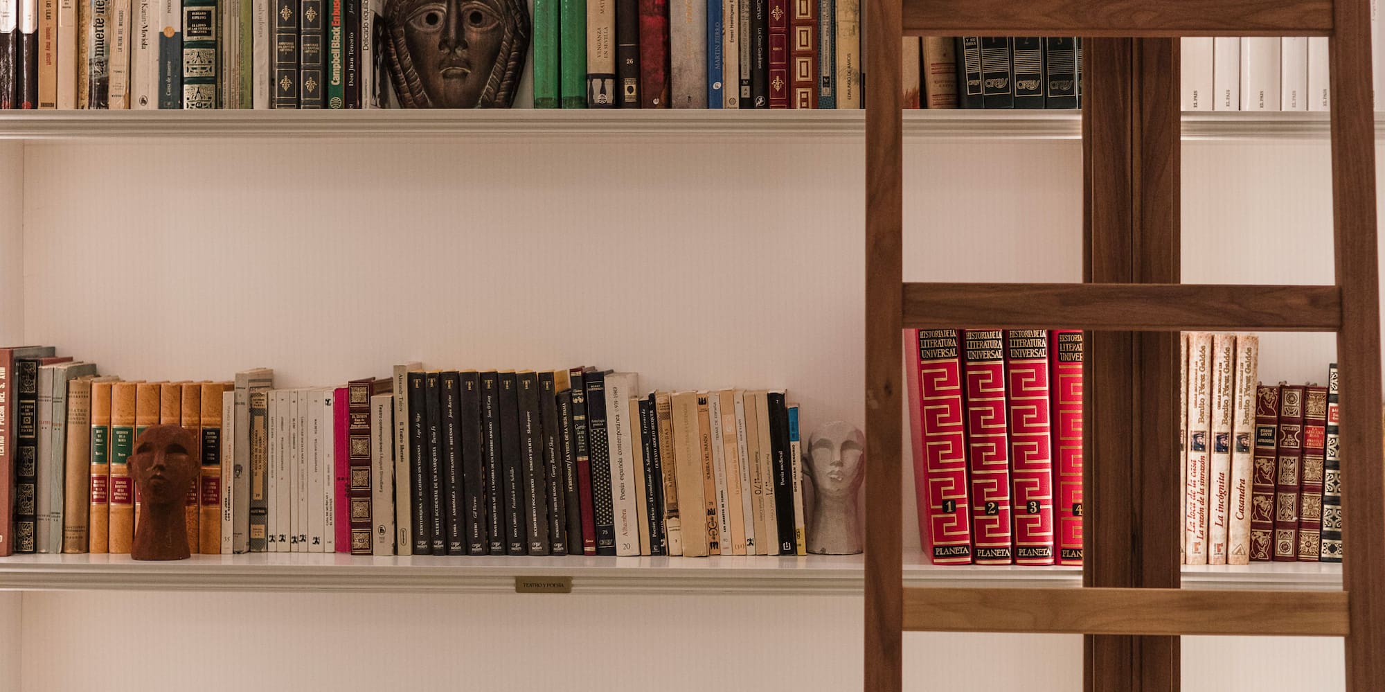 Bookshelves full of books and decorative busts, with a rolling library ladder.