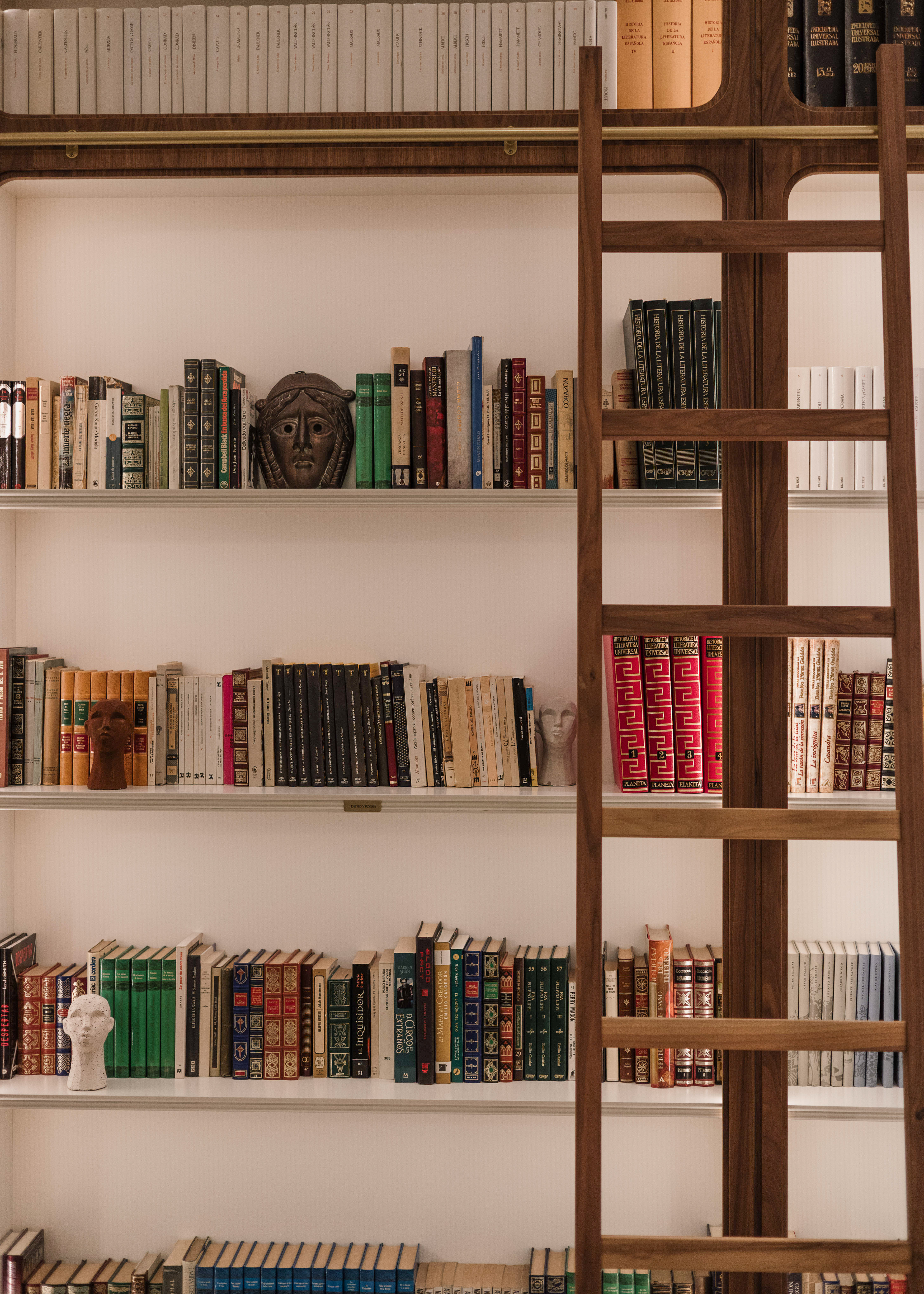 Bookshelves full of books and decorative busts, with a rolling library ladder.