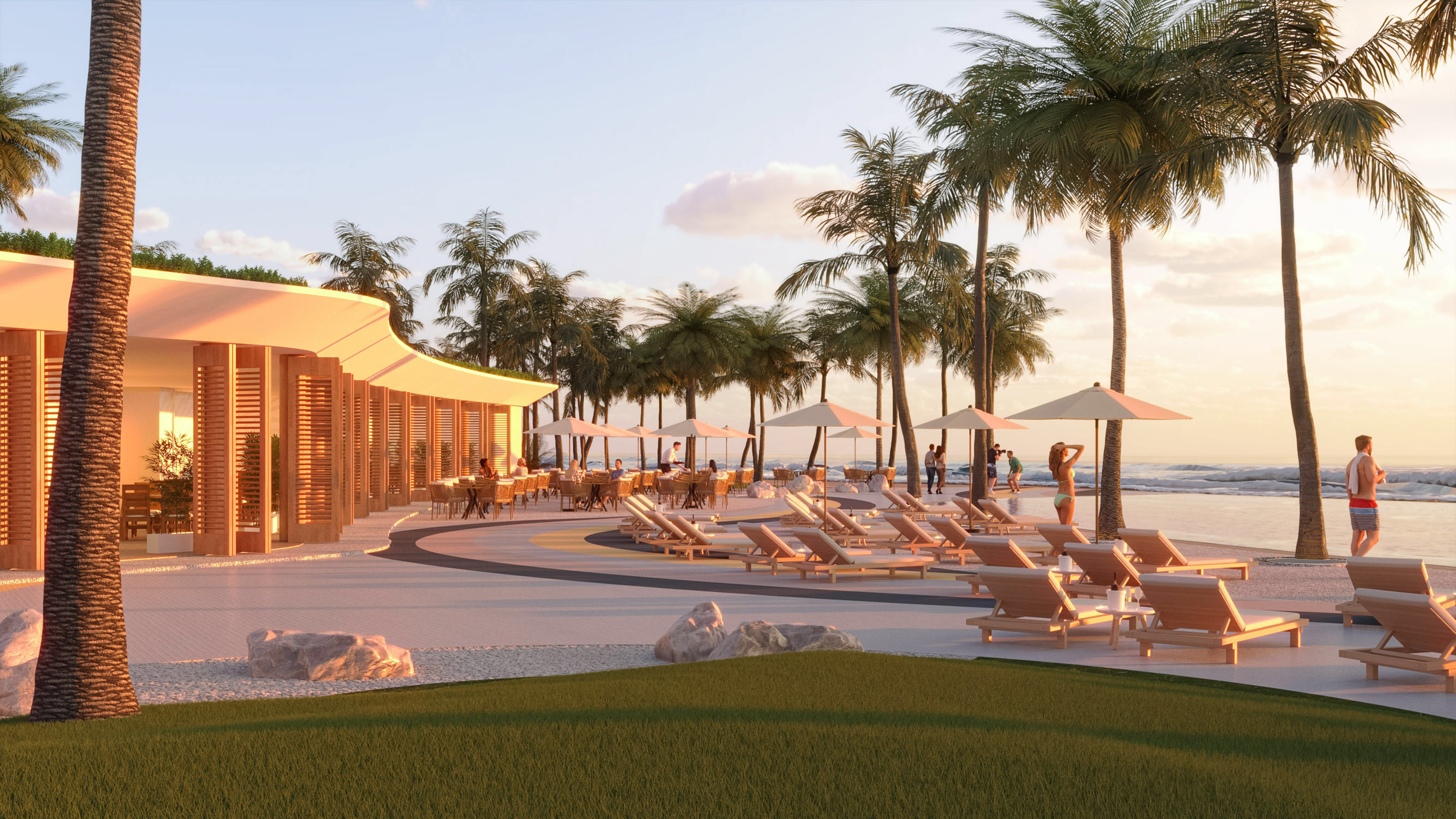 Beachfront resort: outdoor restaurant, lounge chairs, palm trees at sunset.