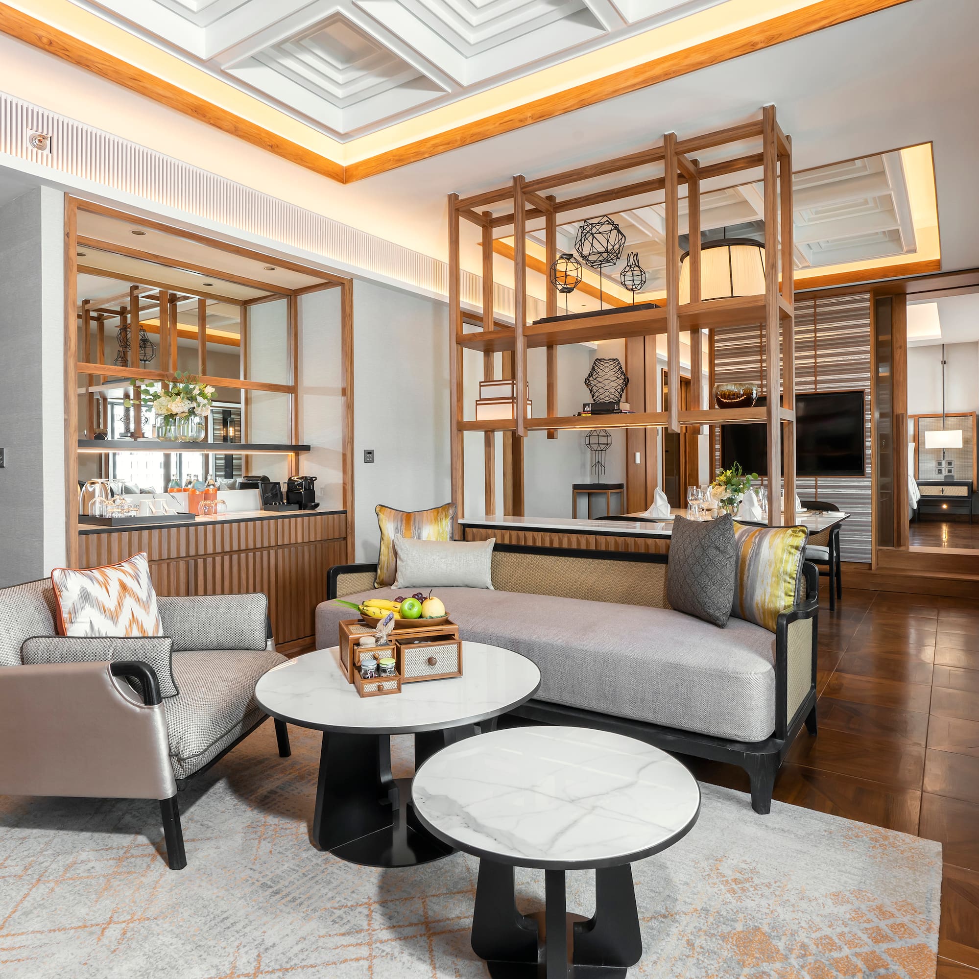 a room with a couch and a table