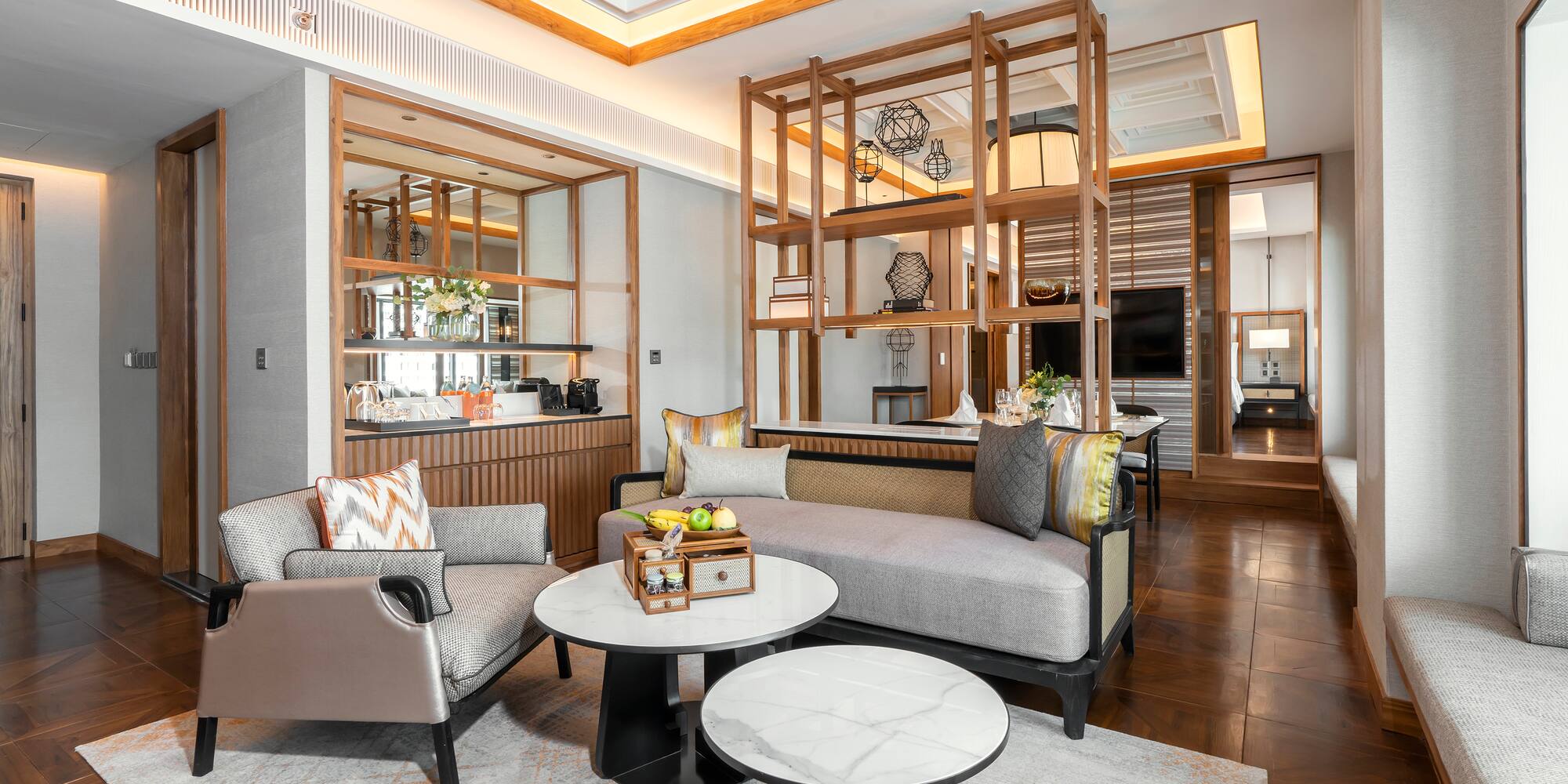 a room with a couch and a table