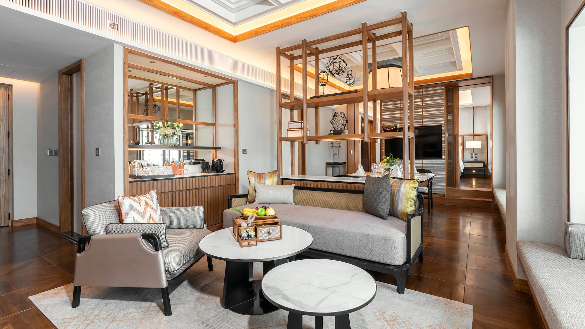 a room with a couch and a table