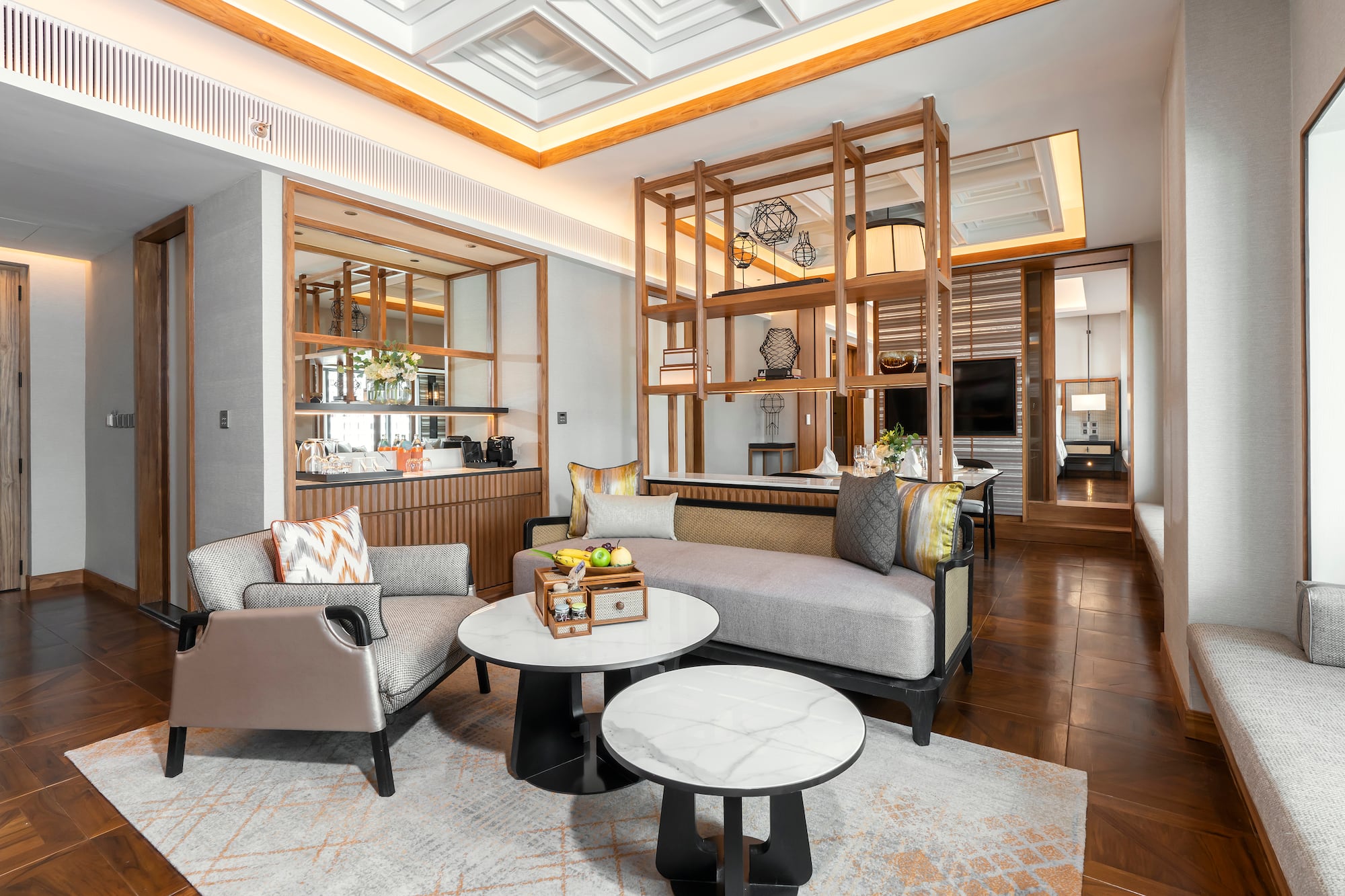 a room with a couch and a table