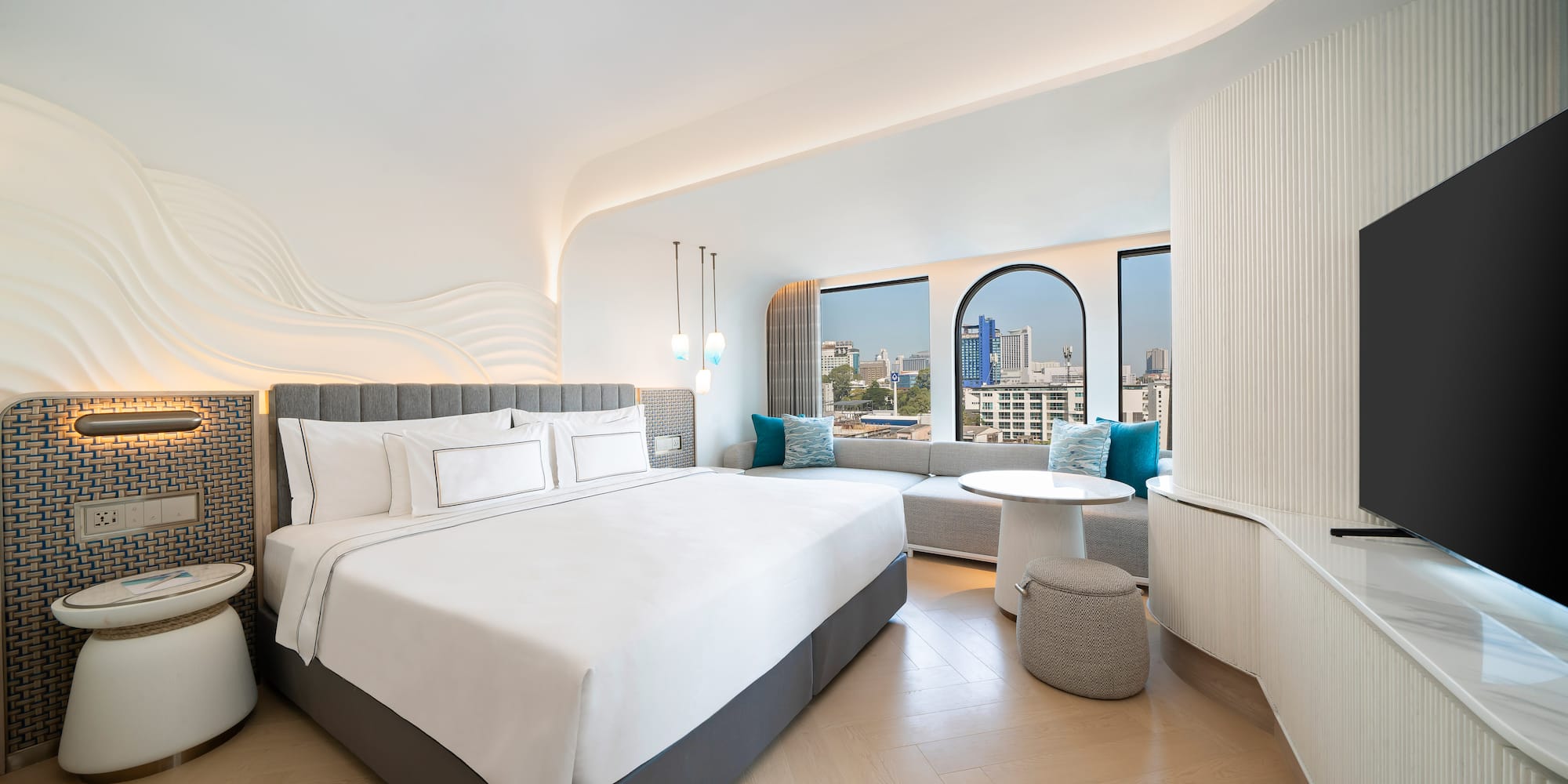 a room with a bed and a table