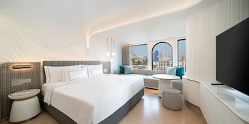 a room with a bed and a table