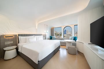 a room with a bed and a table