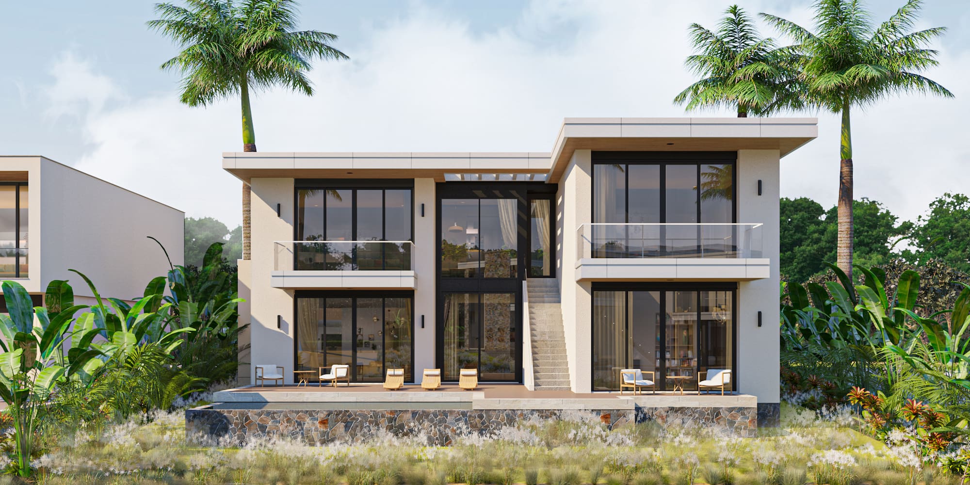 a house with a body of water