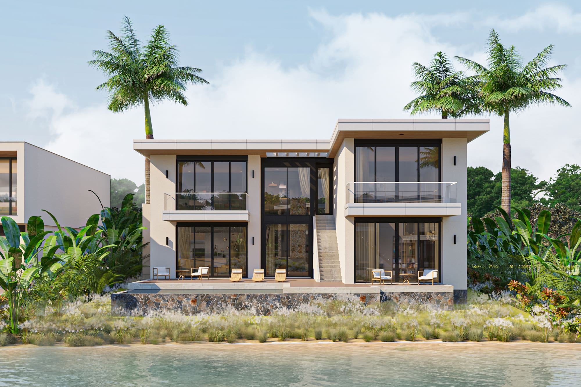 a house with a body of water