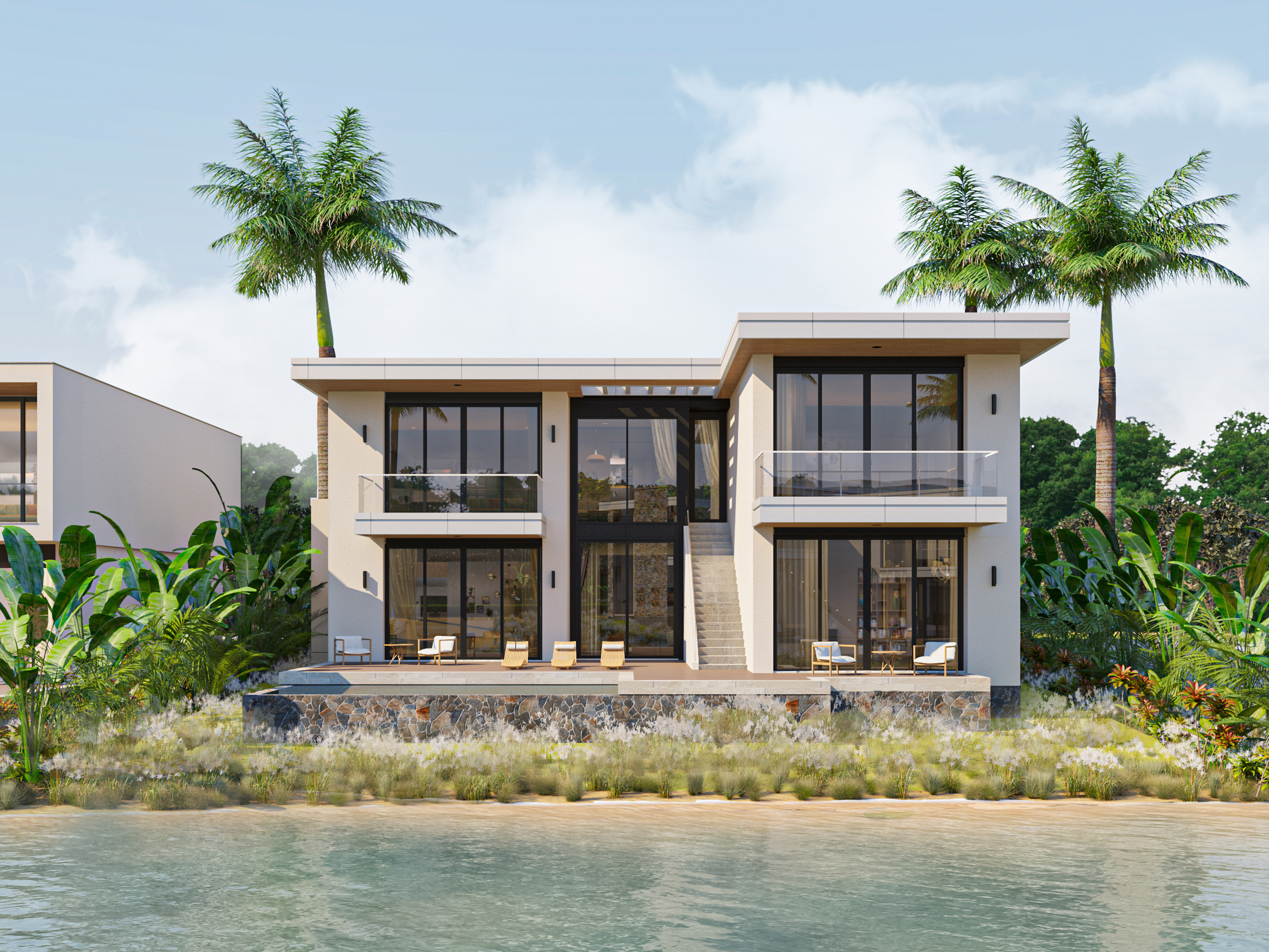 a house with a body of water