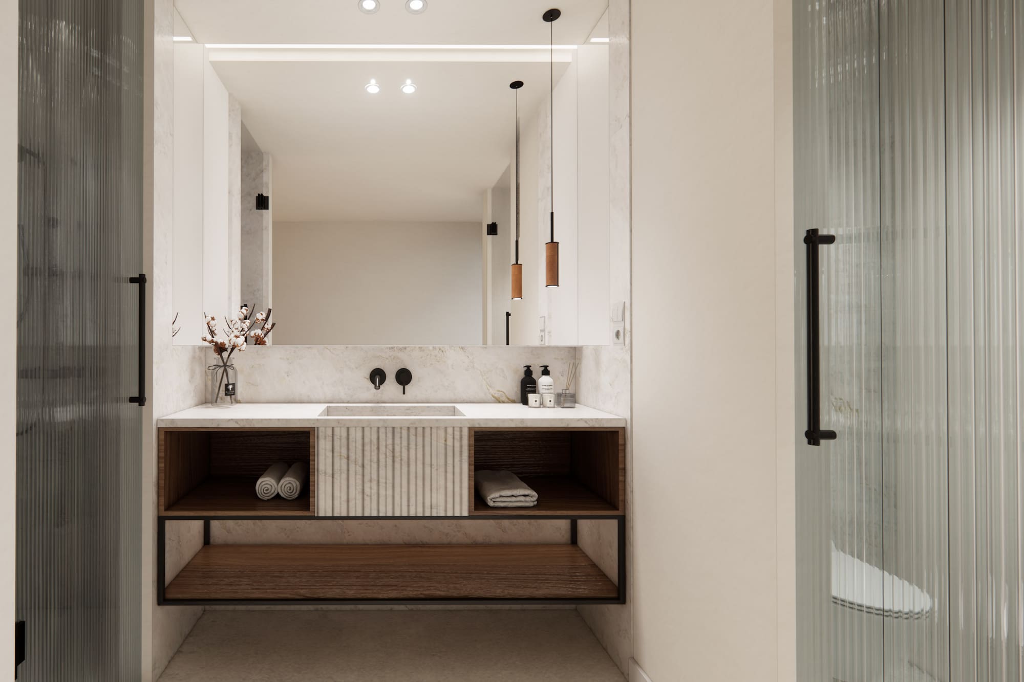 Baño moderno con lavabo de mármol, espejo grande y muebles de madera. - Superior Room con Balcón Vista Golf  - Hotel Golf Santa Ponsa Meliá Collection, Mallorca