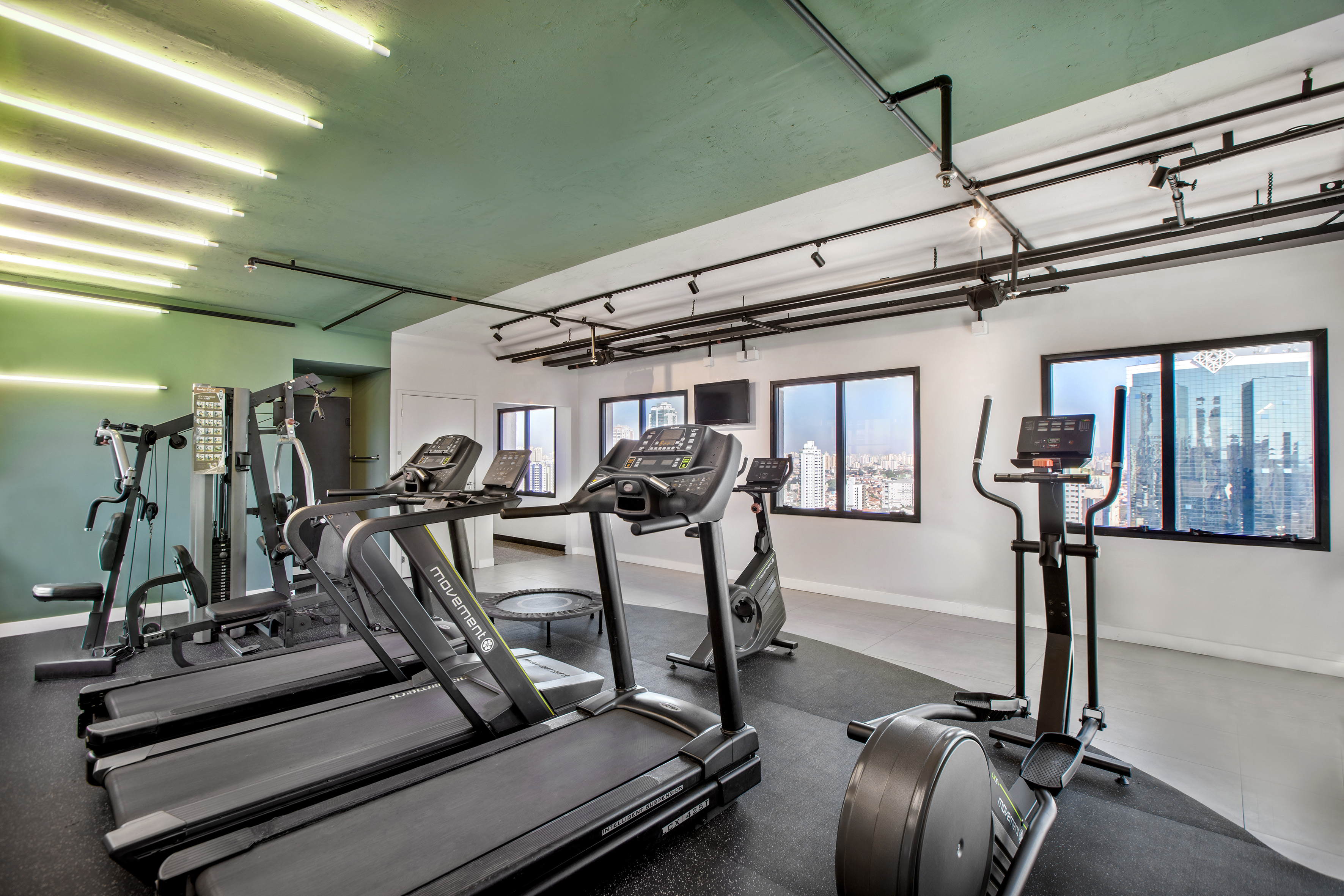 Modern gym with treadmills, elliptical, weight machine, and city views.