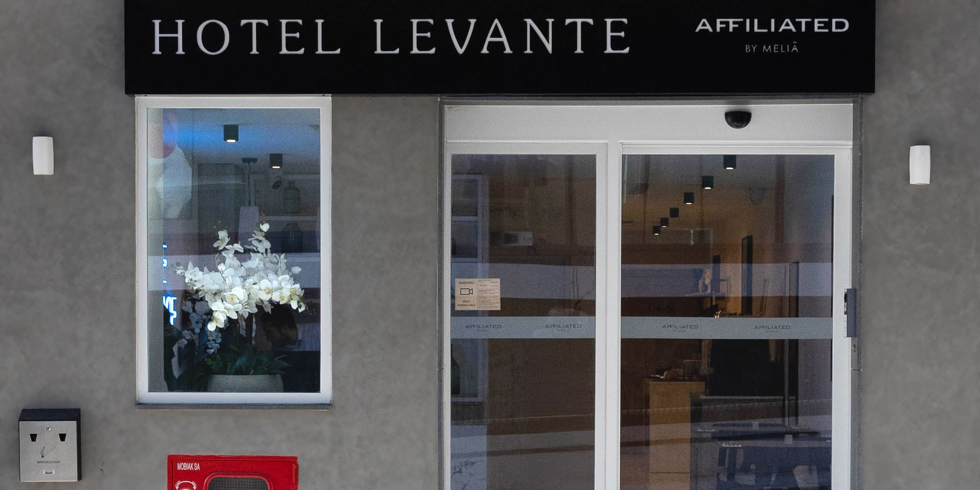 a building with glass doors