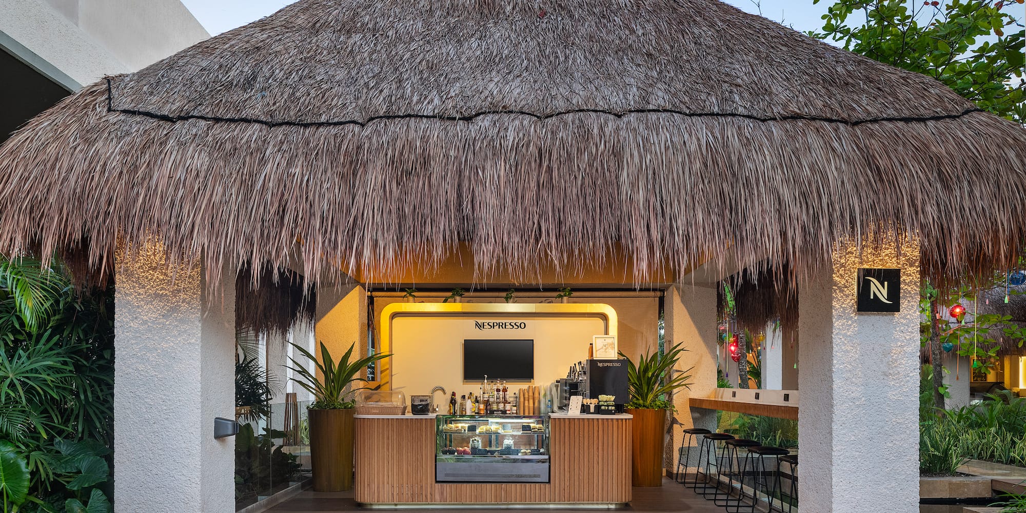 a bar with a straw roof