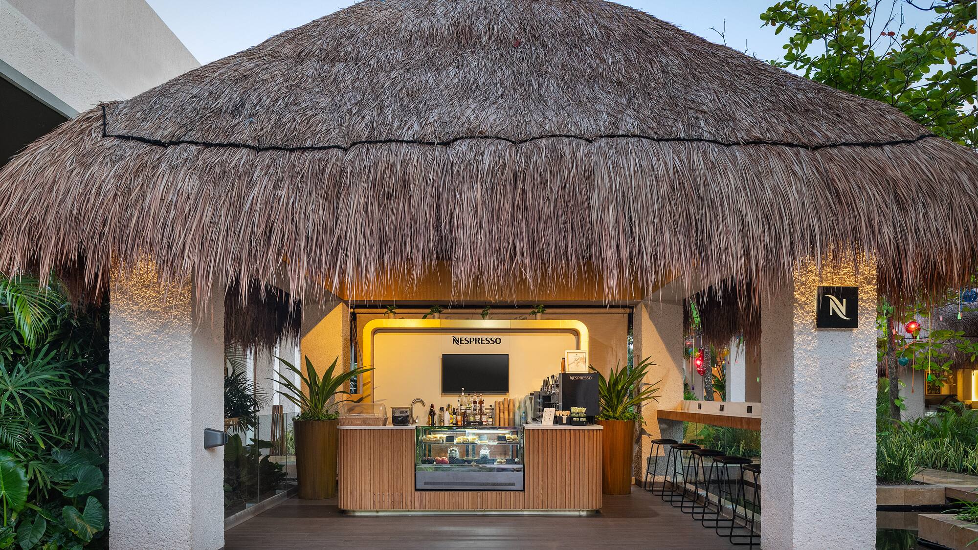 a bar with a straw roof
