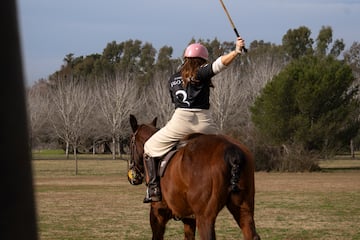 a woman on a horse with a stick