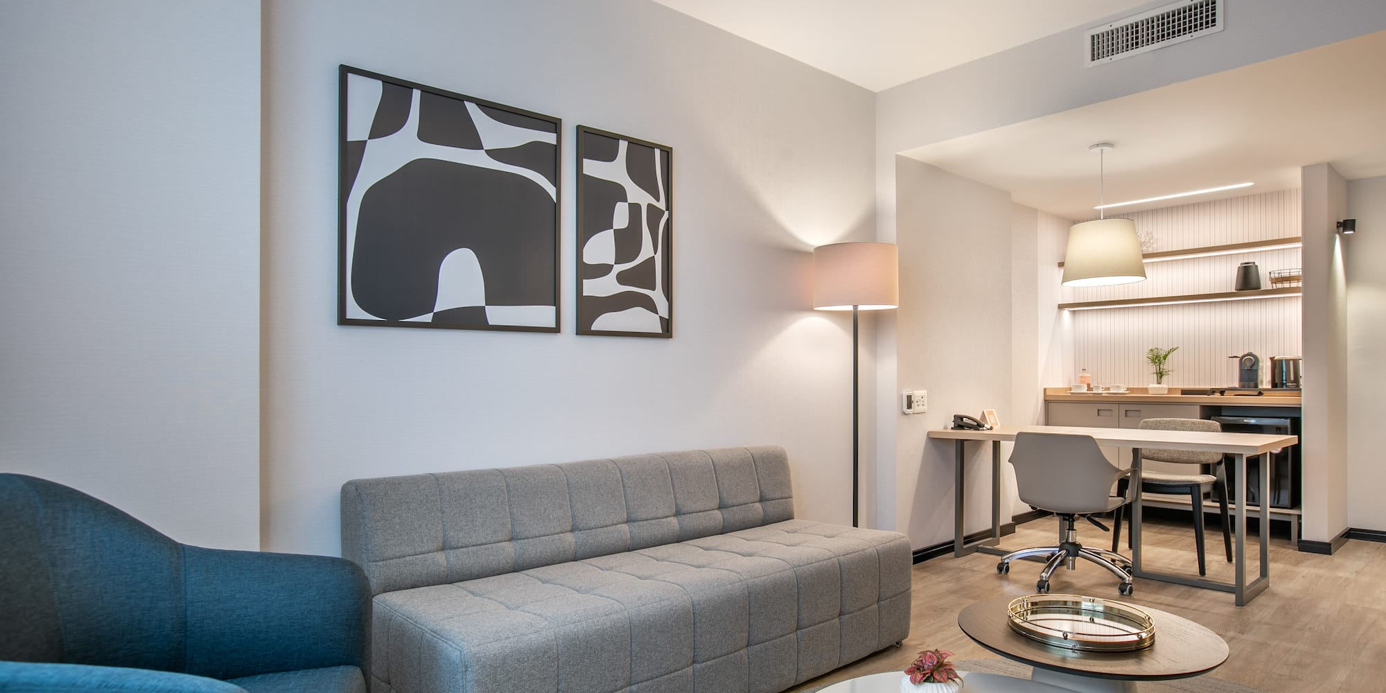 a living room with a couch and a table