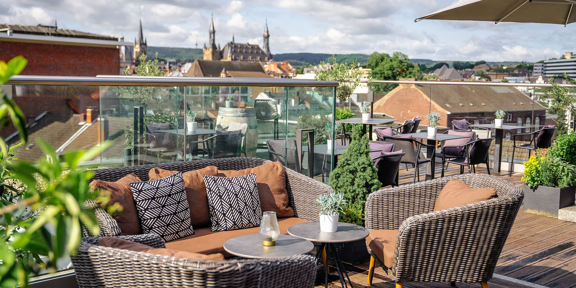 a patio with a table and chairs