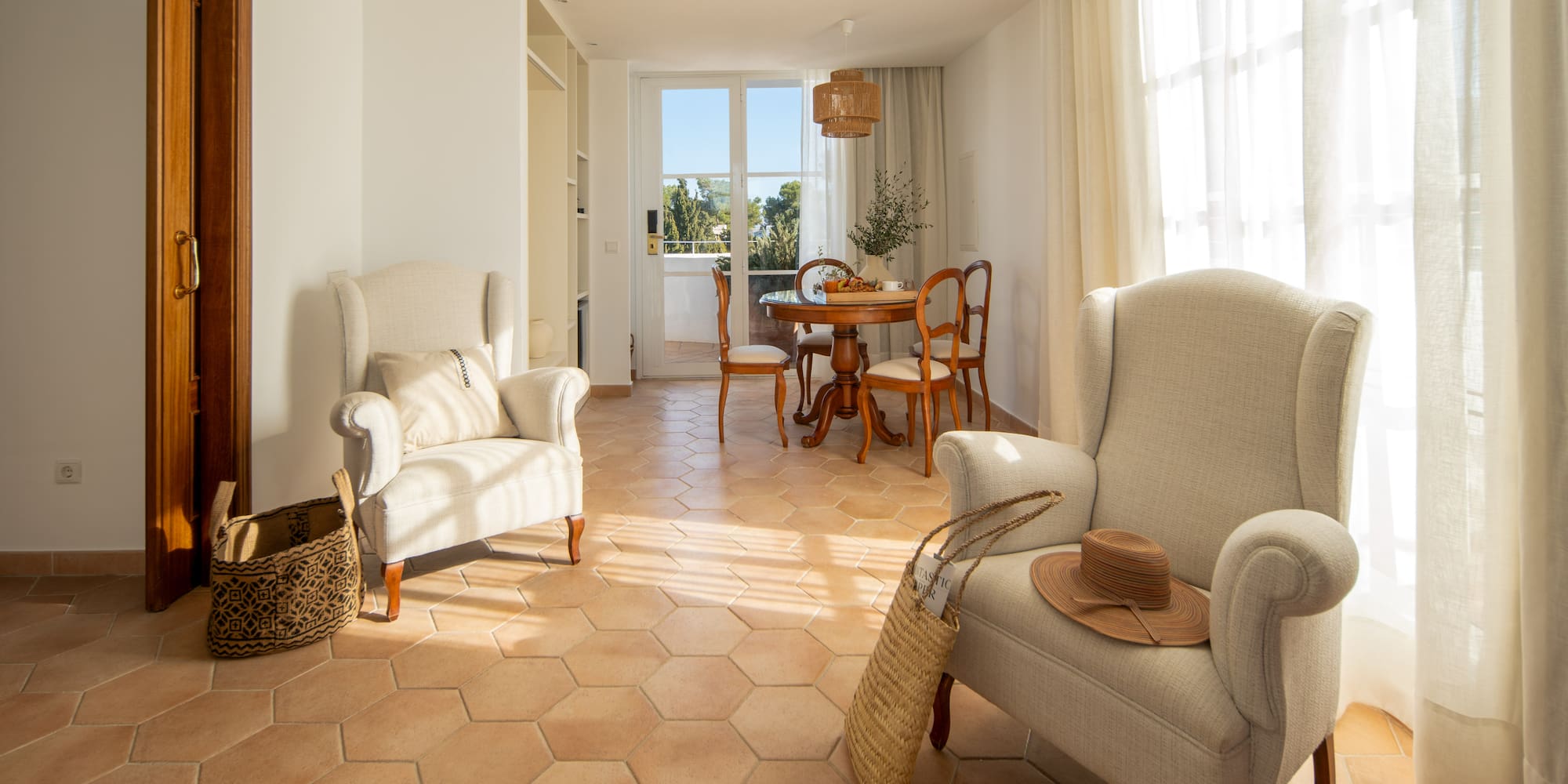 a room with chairs and a table