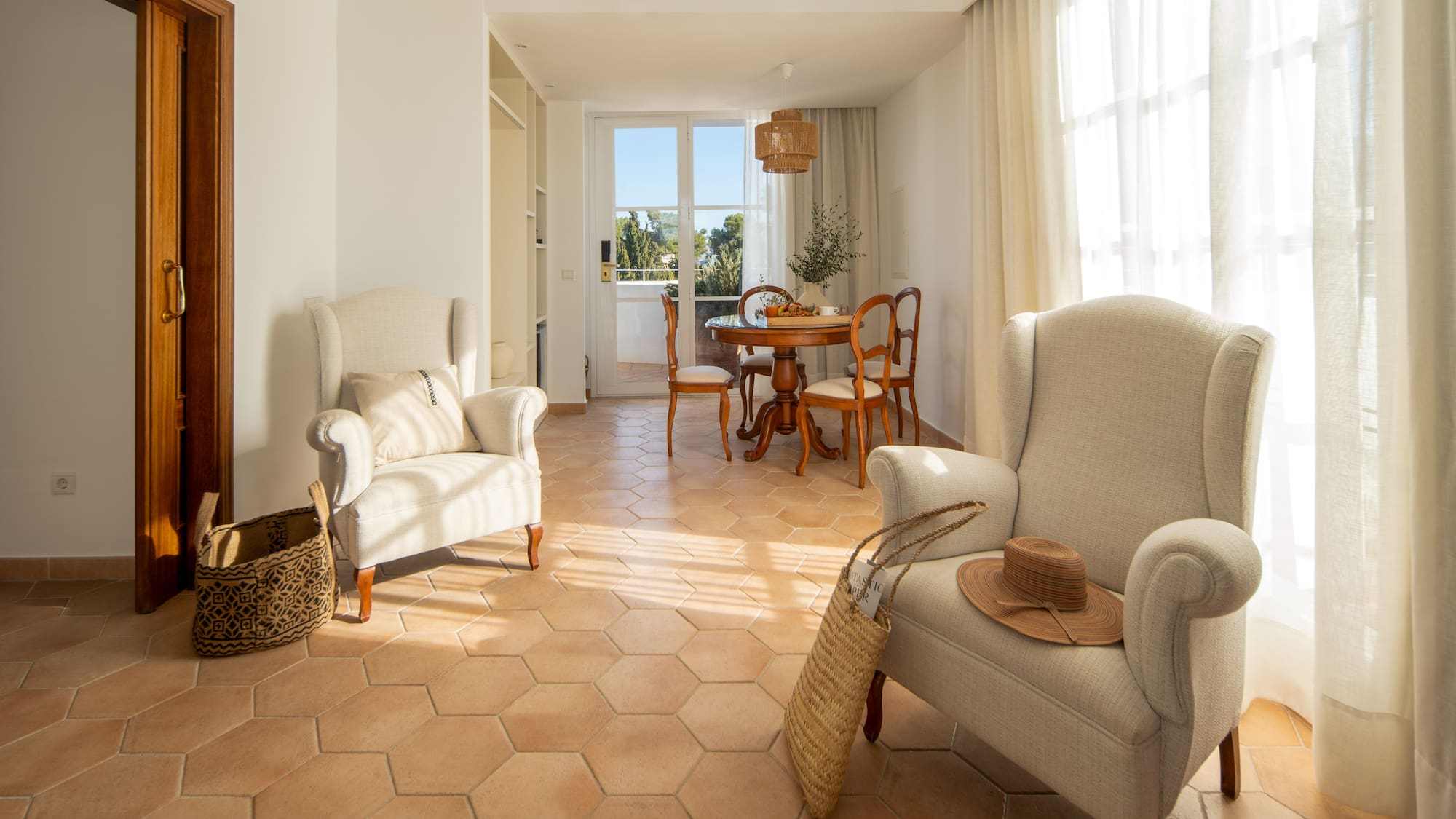 a room with chairs and a table