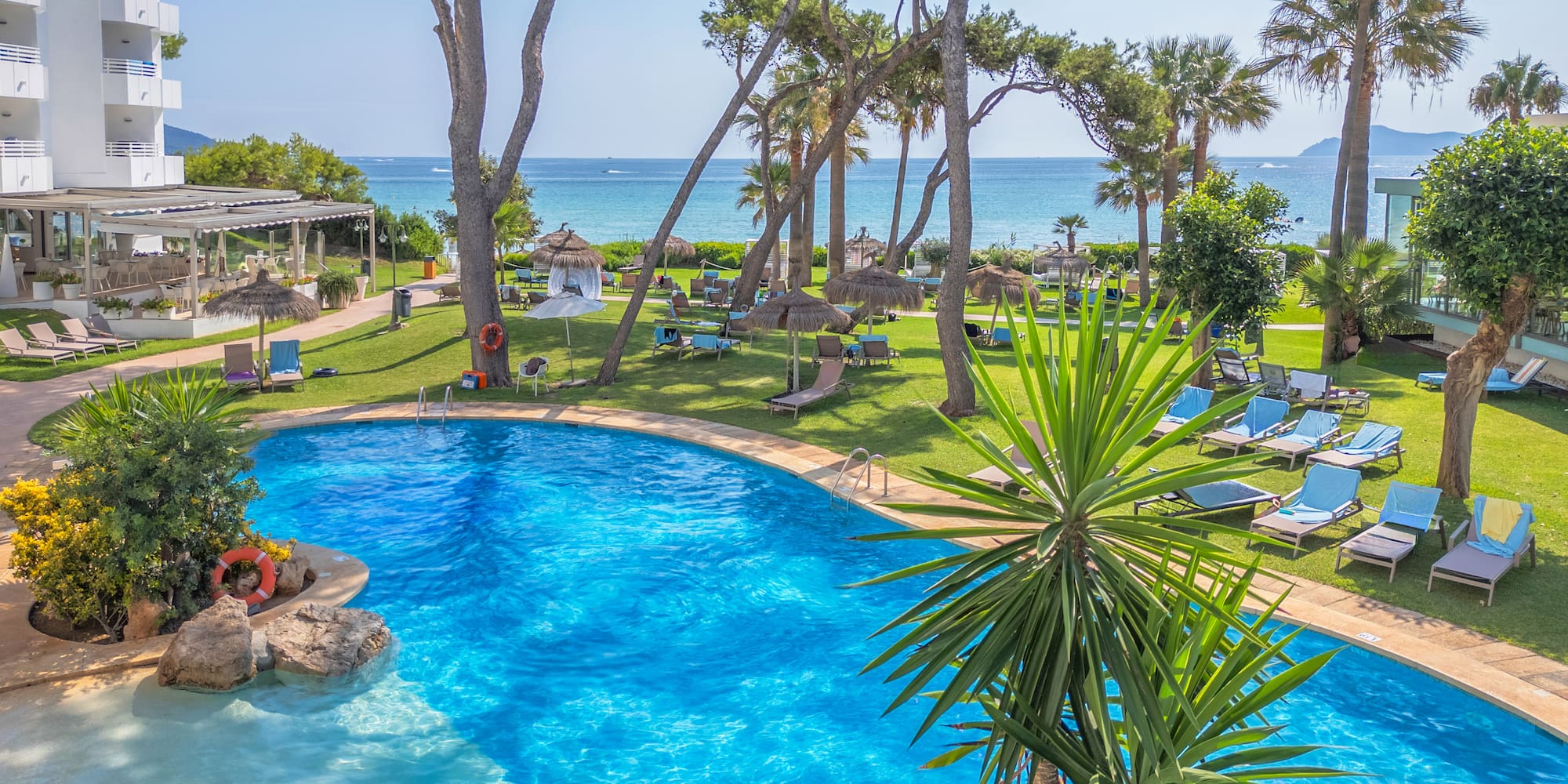 a swimming pool with trees and chairs