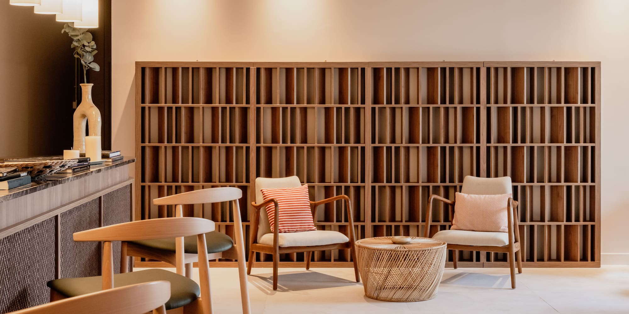 a room with chairs and a table