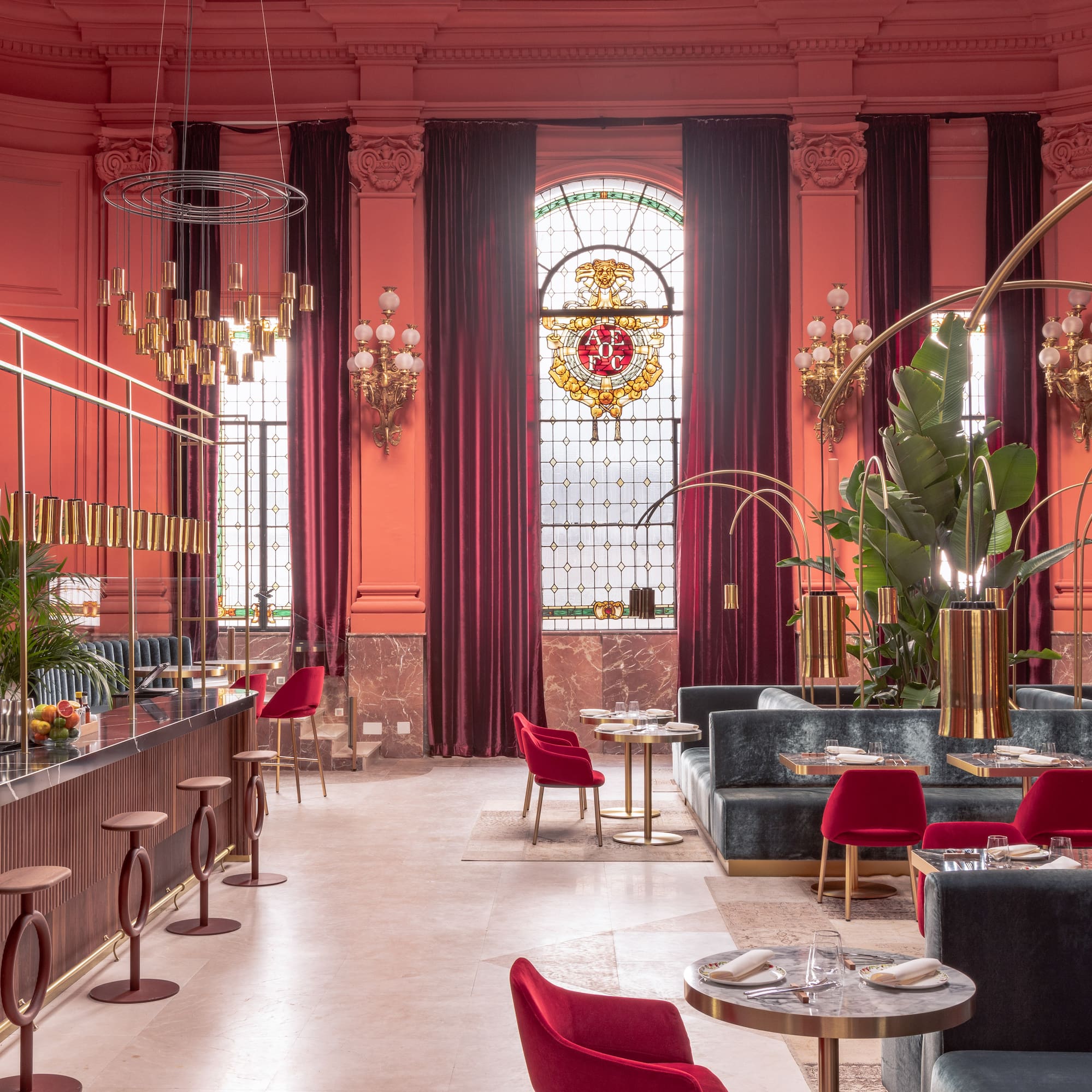 a room with tables and chairs