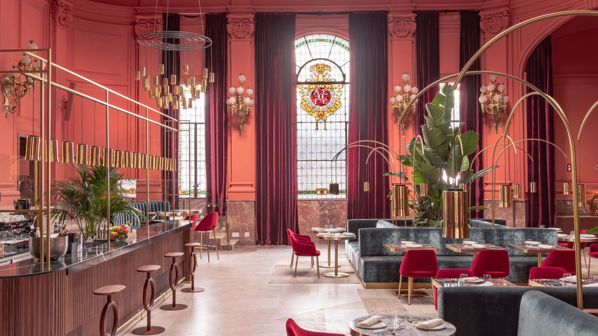 a room with tables and chairs